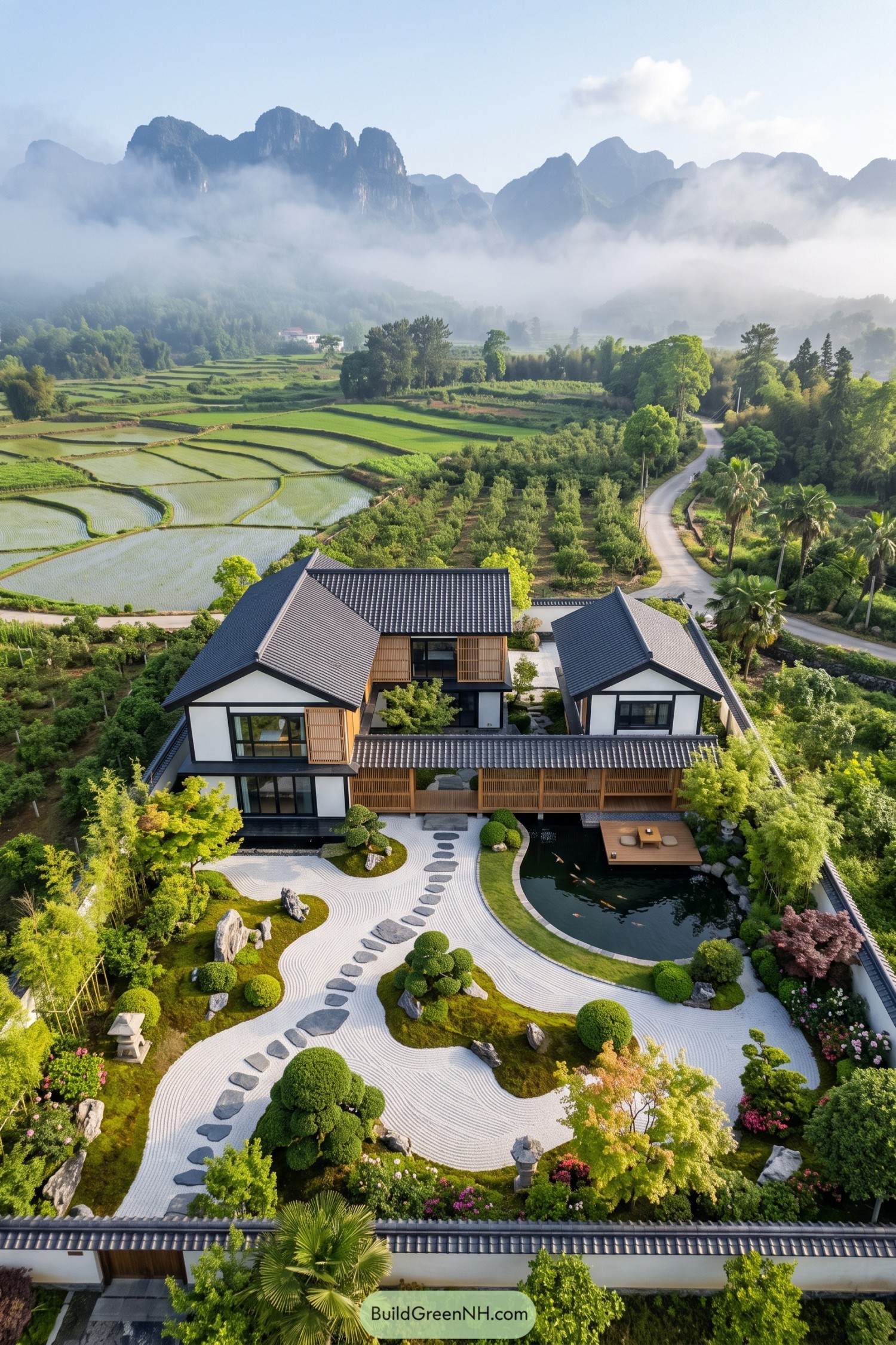 Zen residence with raked gravel garden and koi pond beneath misty peaks
