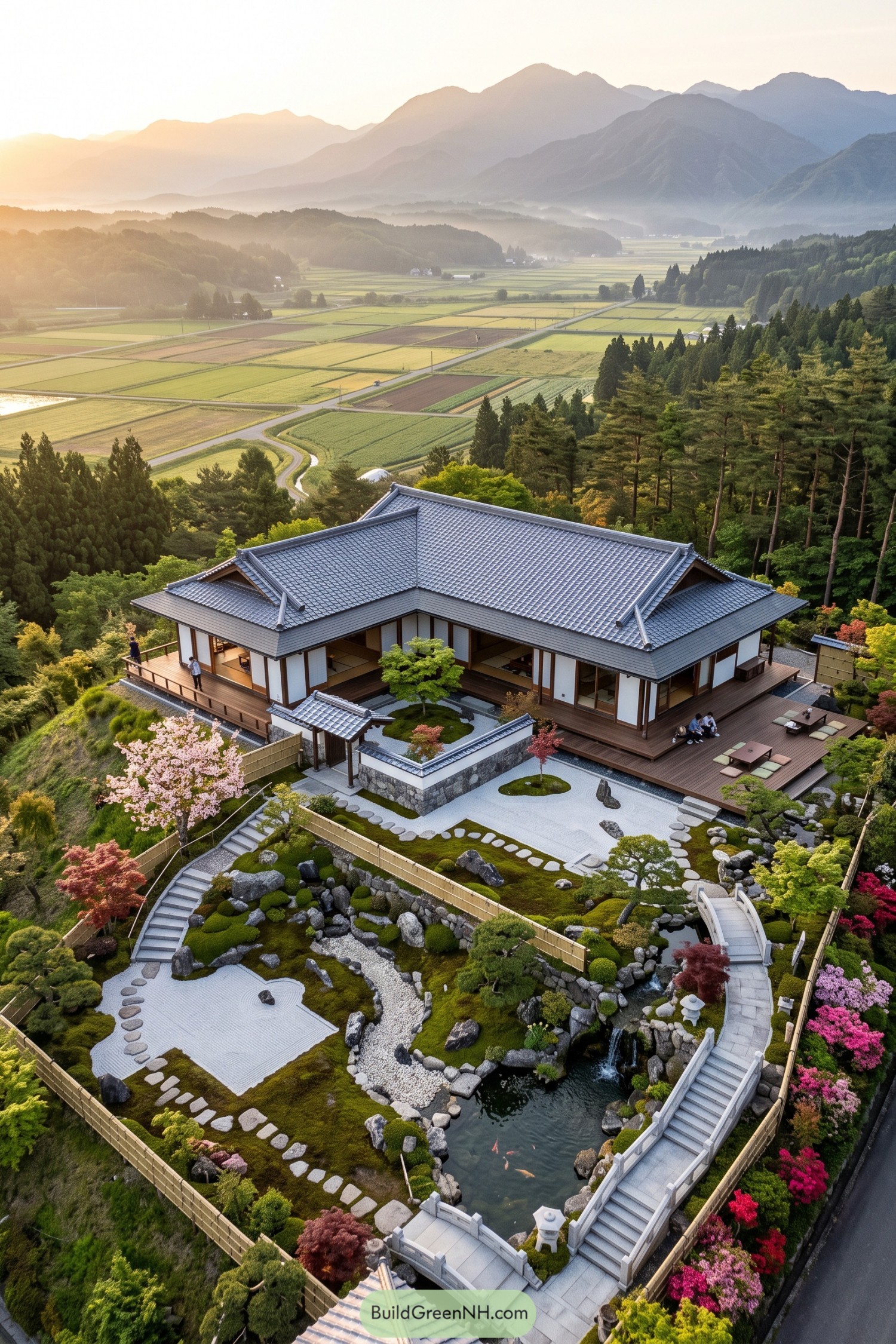 Japanese-inspired hillside home with a tiled roof and pond garden