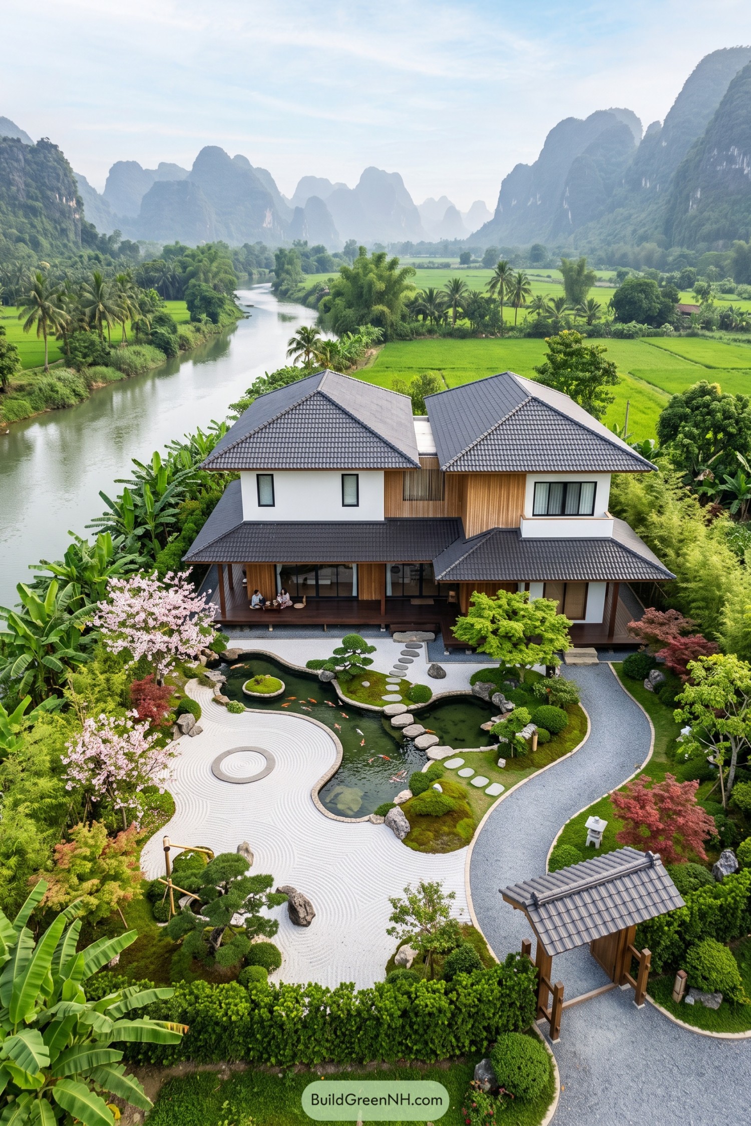 Modern Zen house with koi ponds beside a river valley