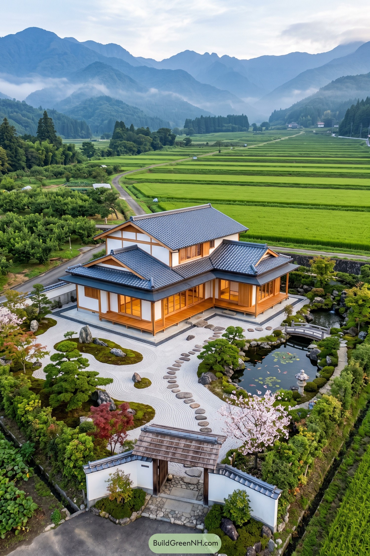 Traditional Japanese house with a gravel garden and koi pond