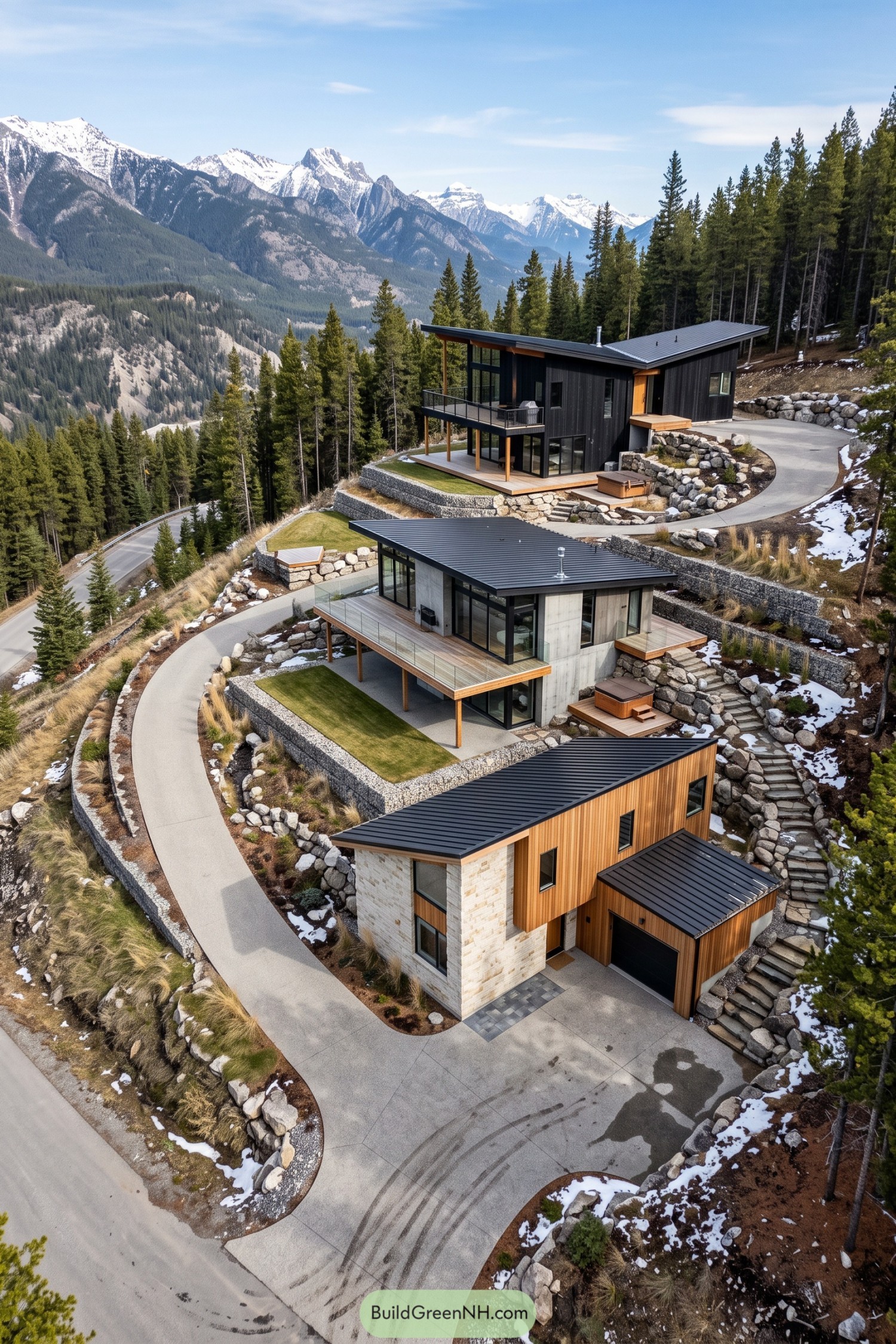 Three contemporary homes terraced along a forested mountain slope