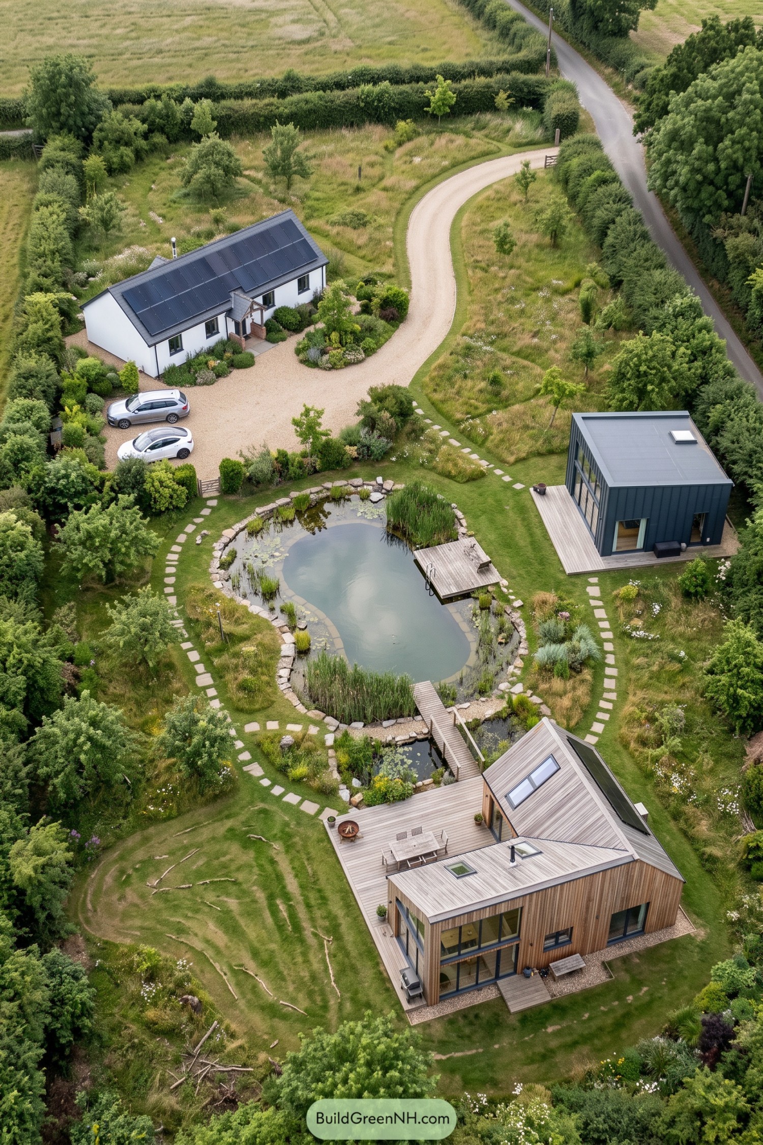 Three homes surrounding a natural swimming pond in a green rural garden