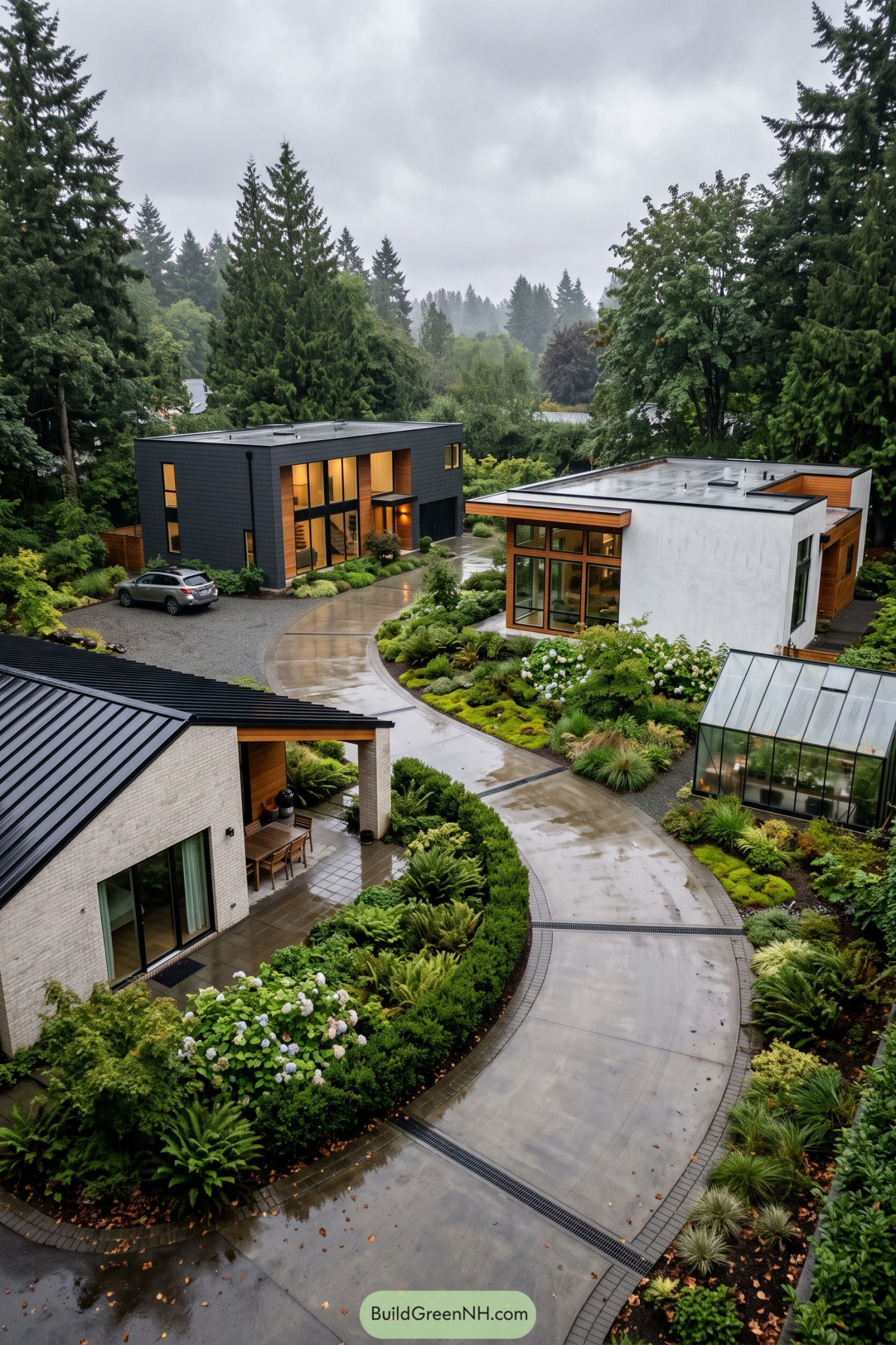 Three modern homes in a rain-soaked evergreen garden compound