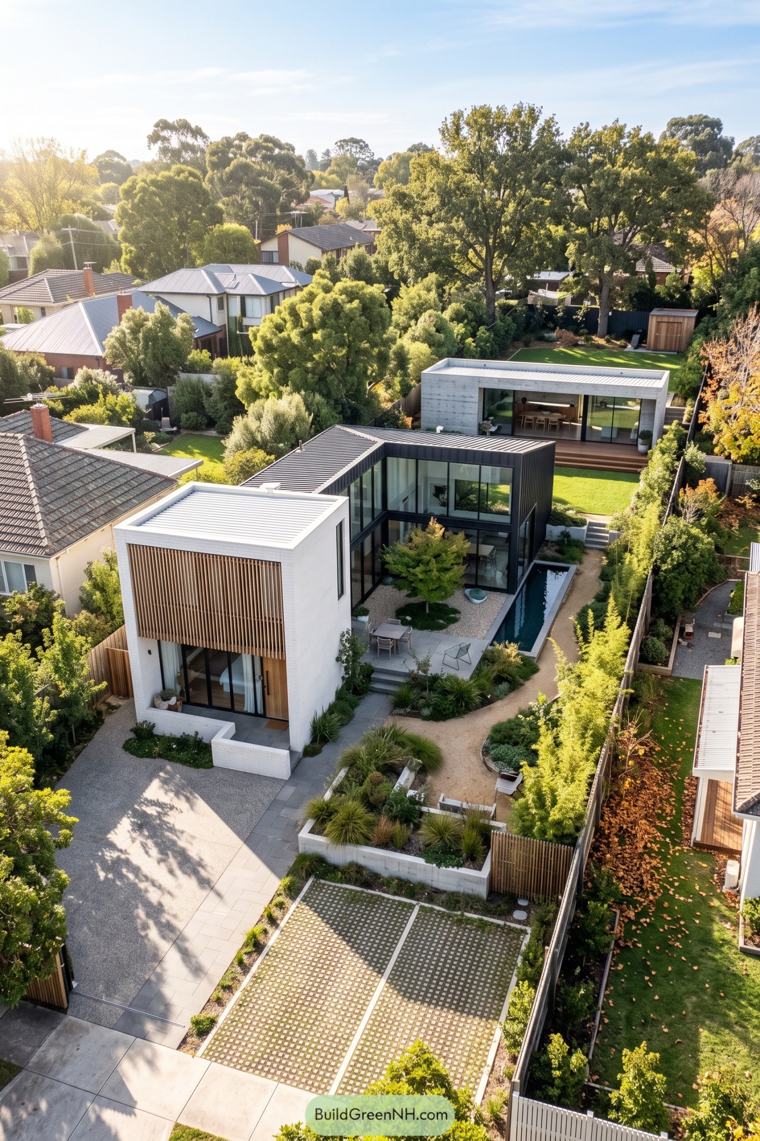 Aerial view of a contemporary garden residence with pool