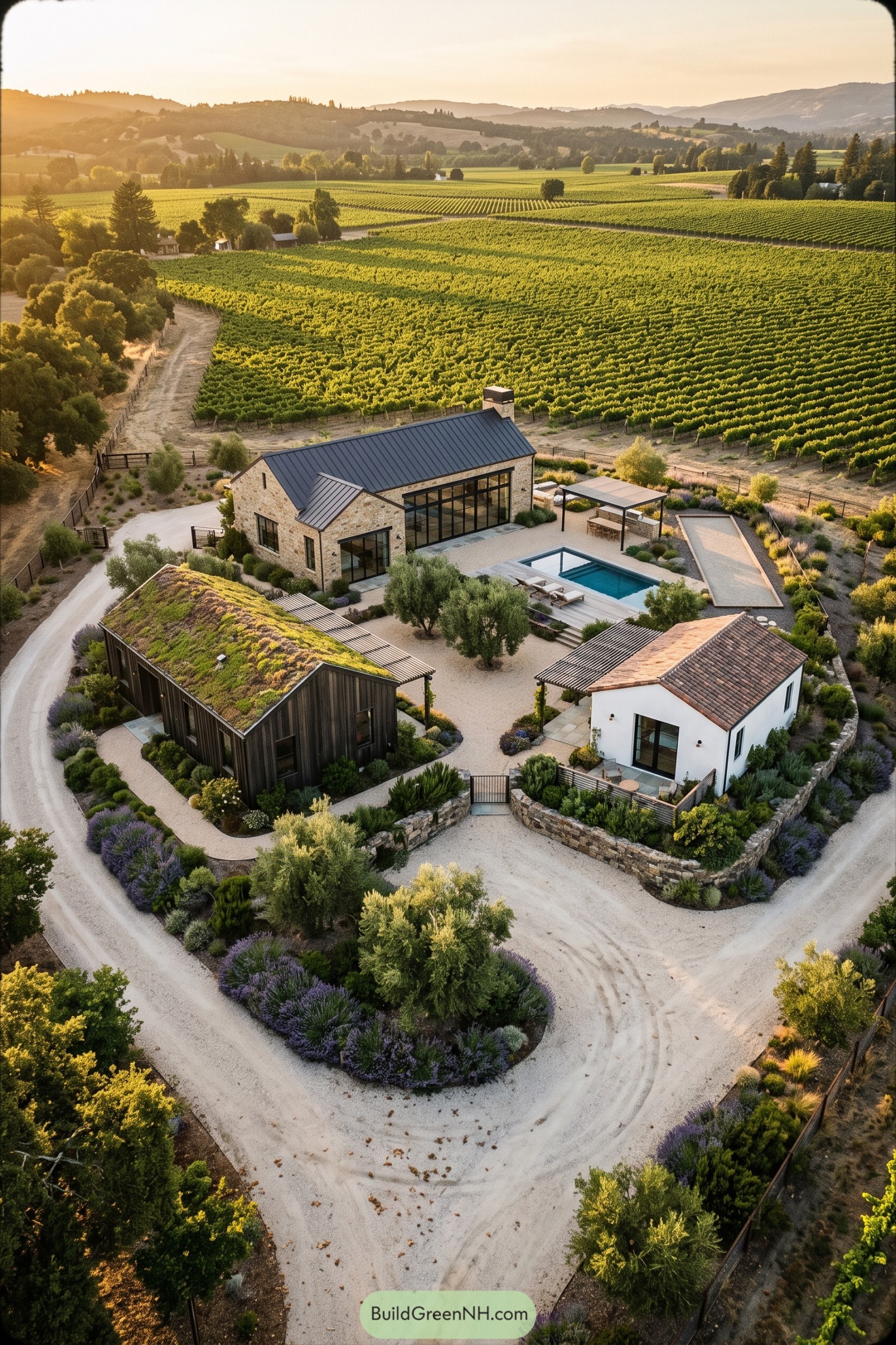 Three distinct vineyard homes encircle a pool terrace and garden court