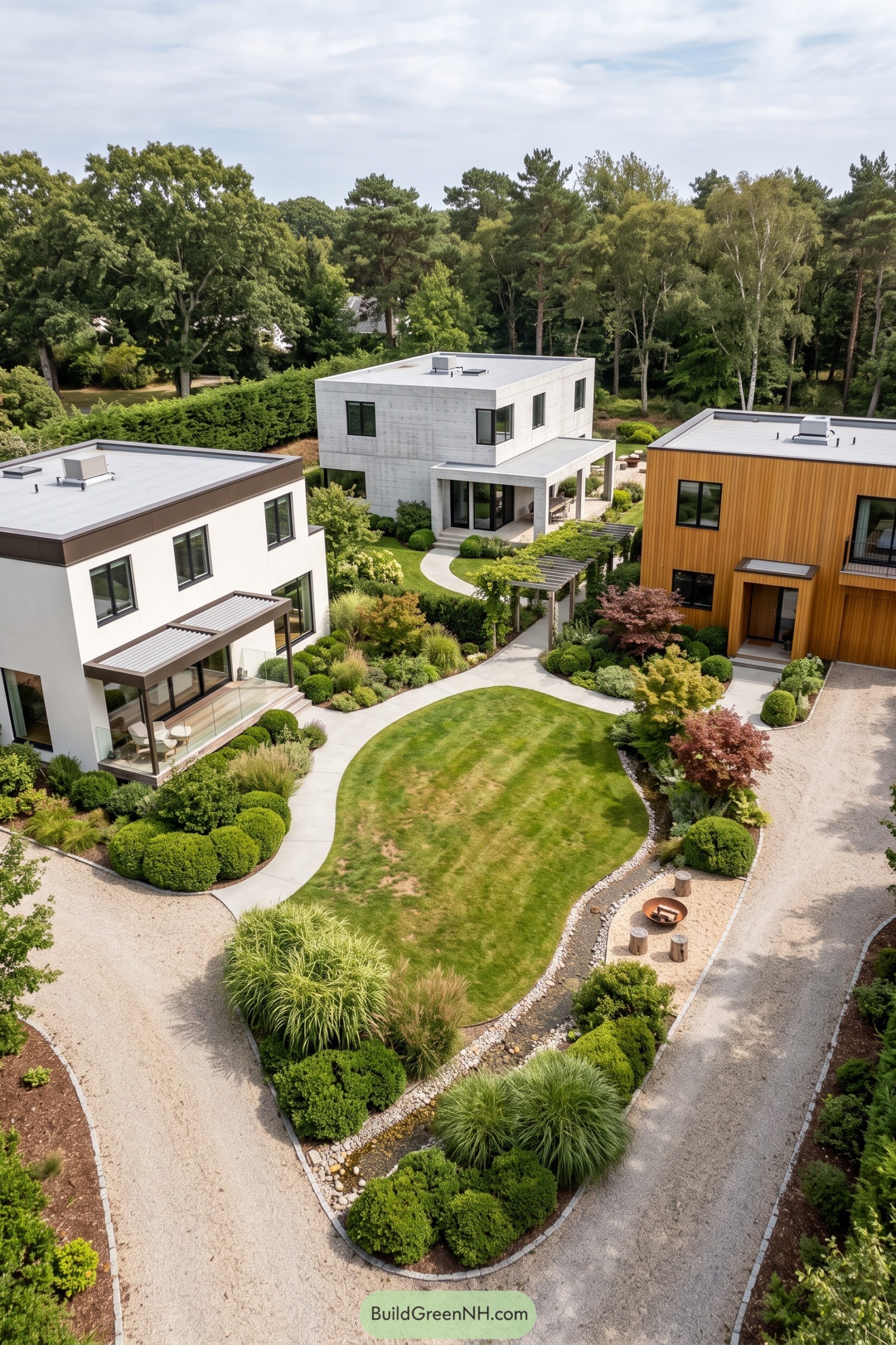 Three contemporary homes surround a landscaped green court with gravel paths and pergolas