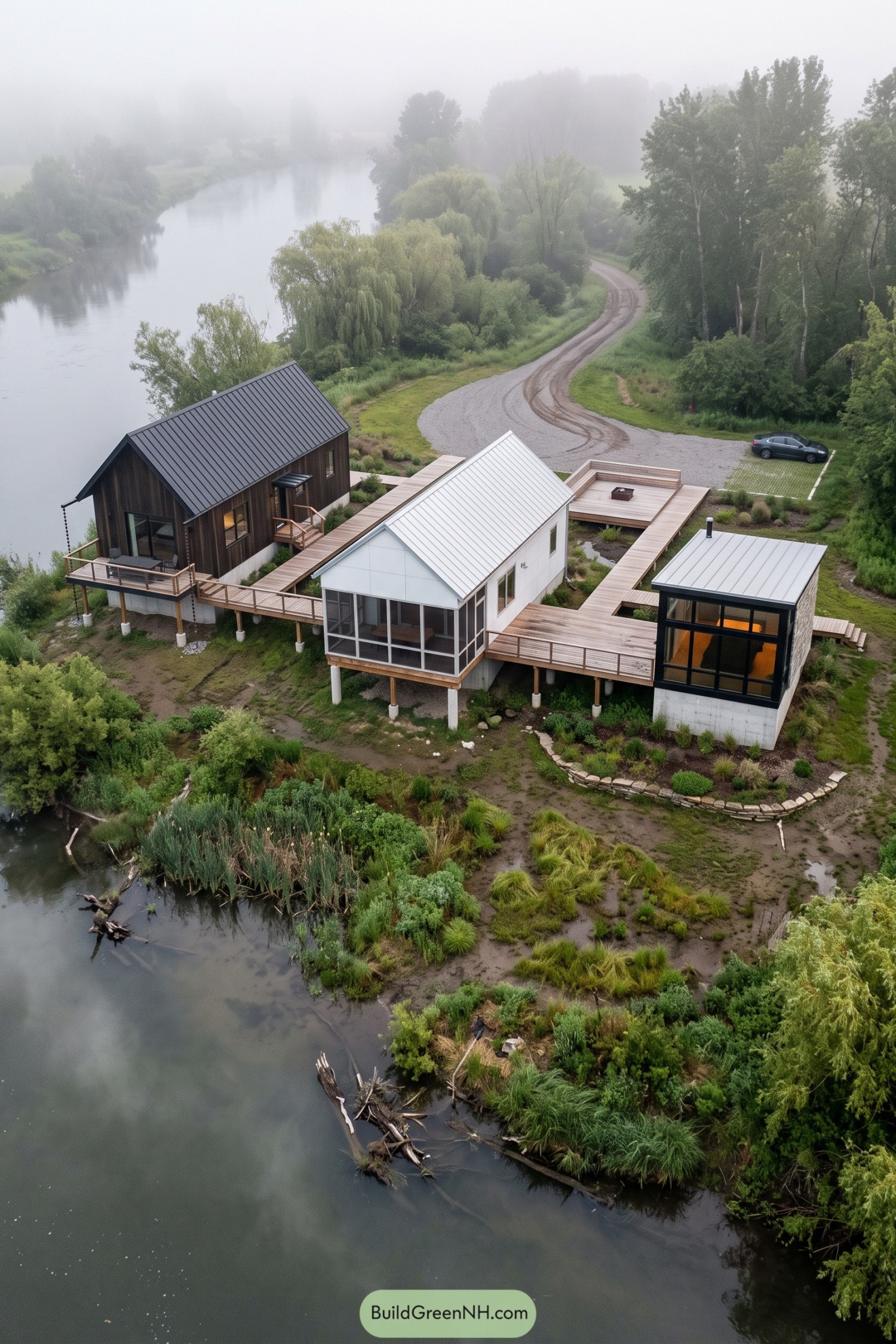 Three gabled cabins linked by timber decks beside a misty river