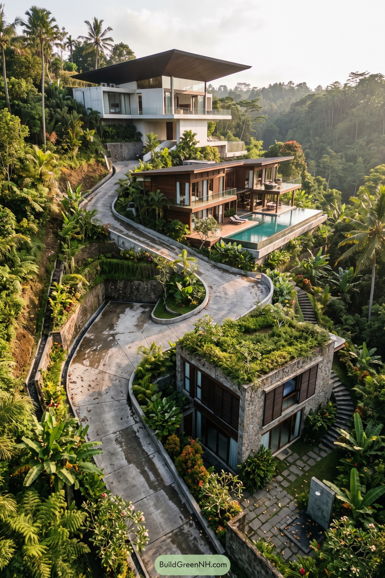 Three terraced villas with a pool on a tropical hillside