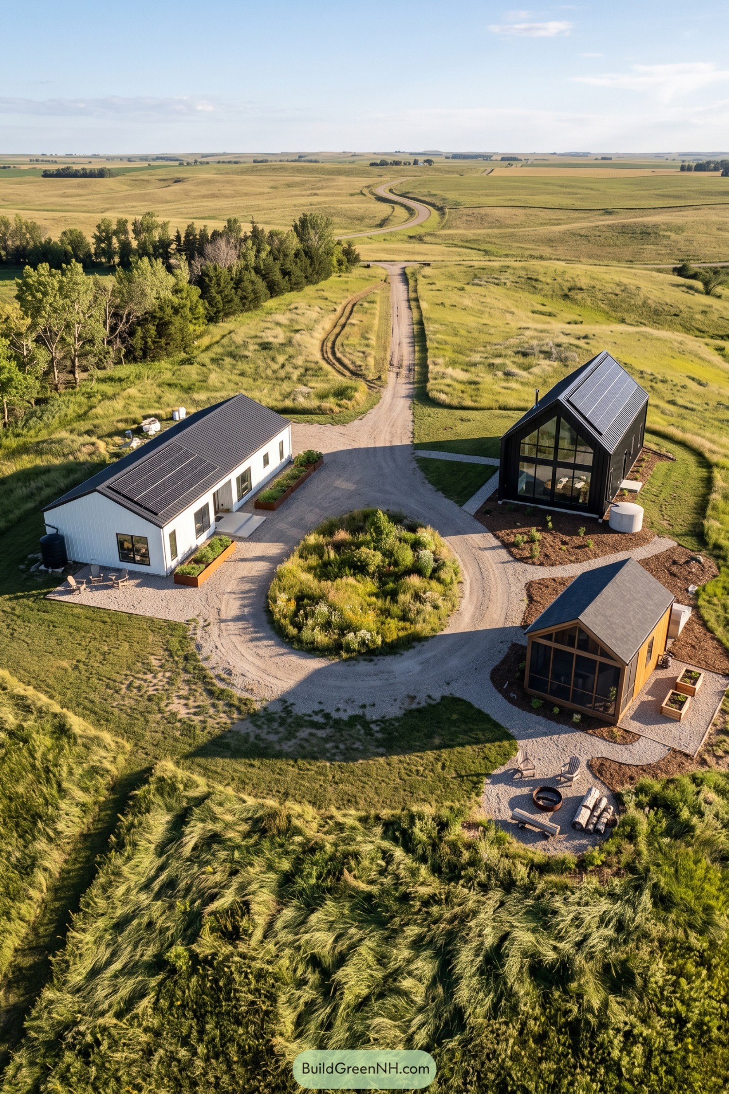 Three compact gabled homes with solar roofs arranged around a gravel courtyard in open prairie