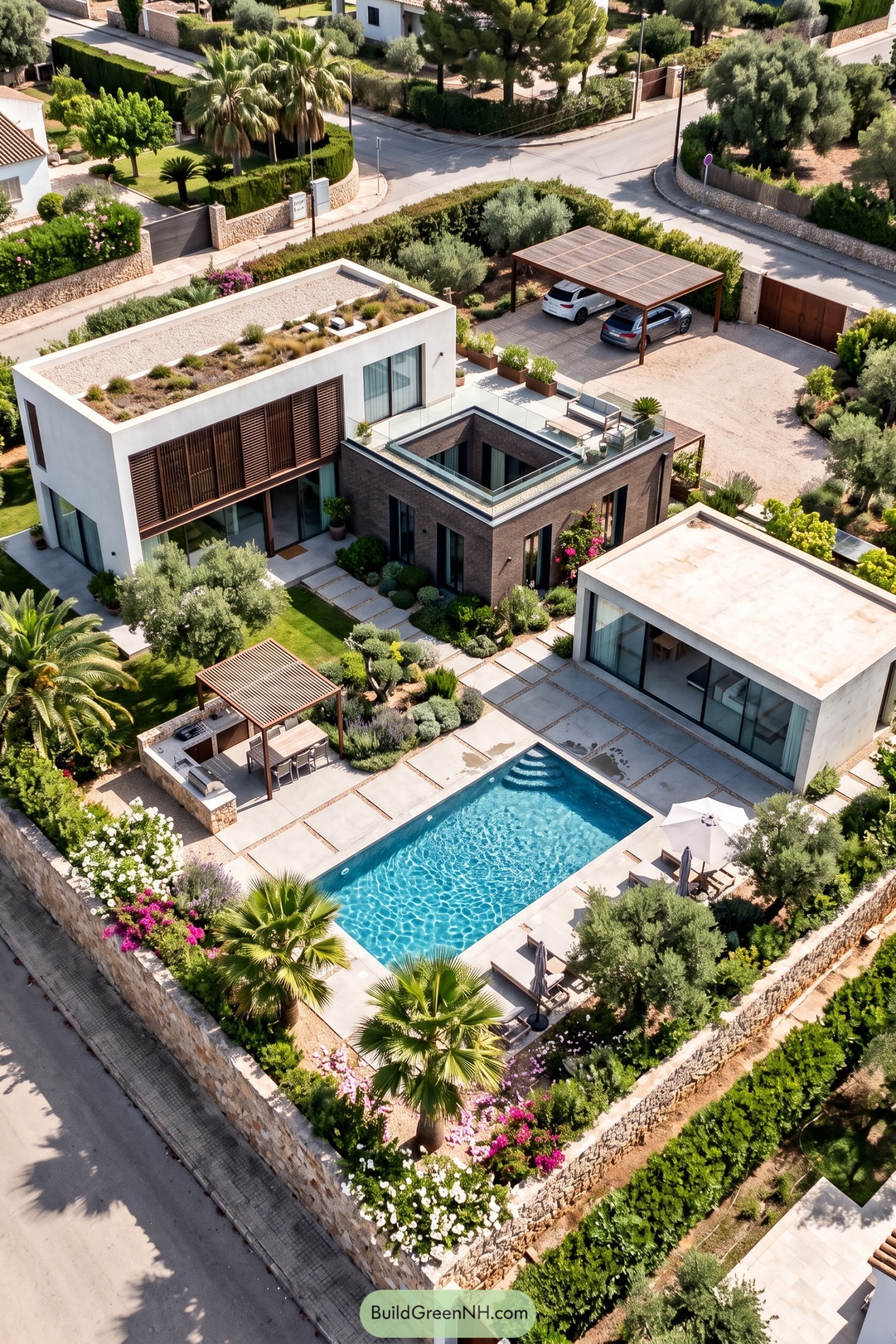Three modern villas surround a landscaped pool courtyard with palms and olive trees