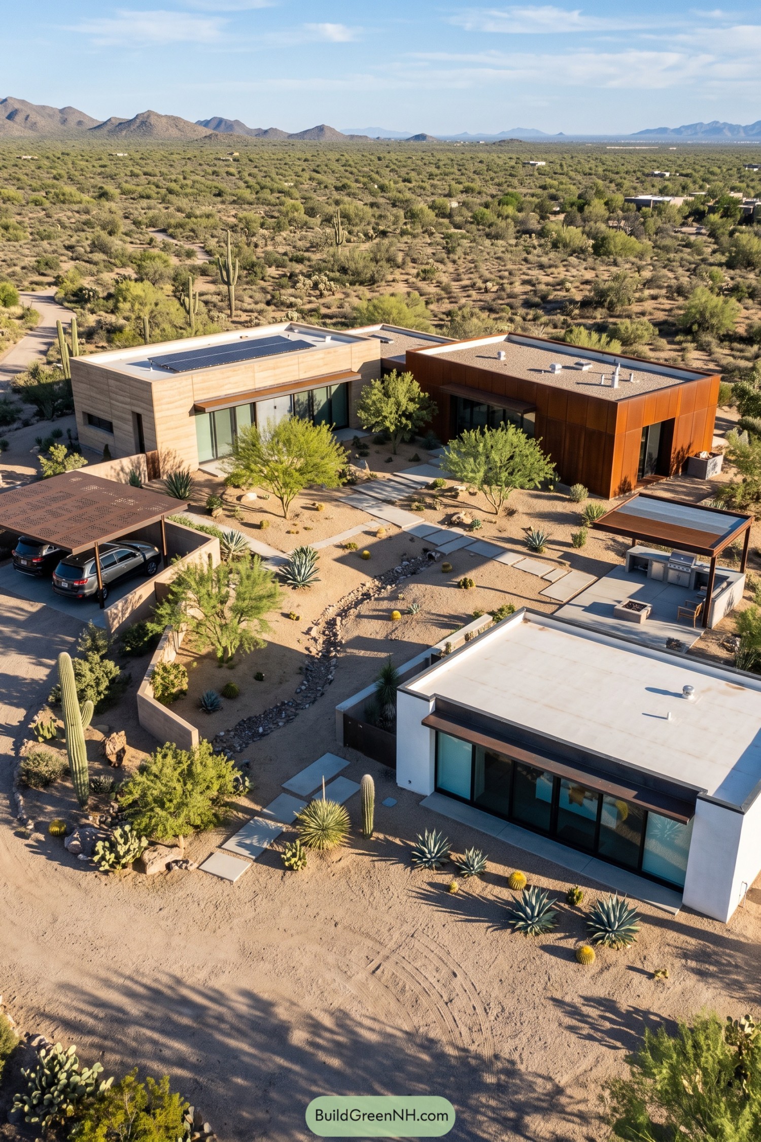 Three modern desert homes arranged around shared landscaped courtyards