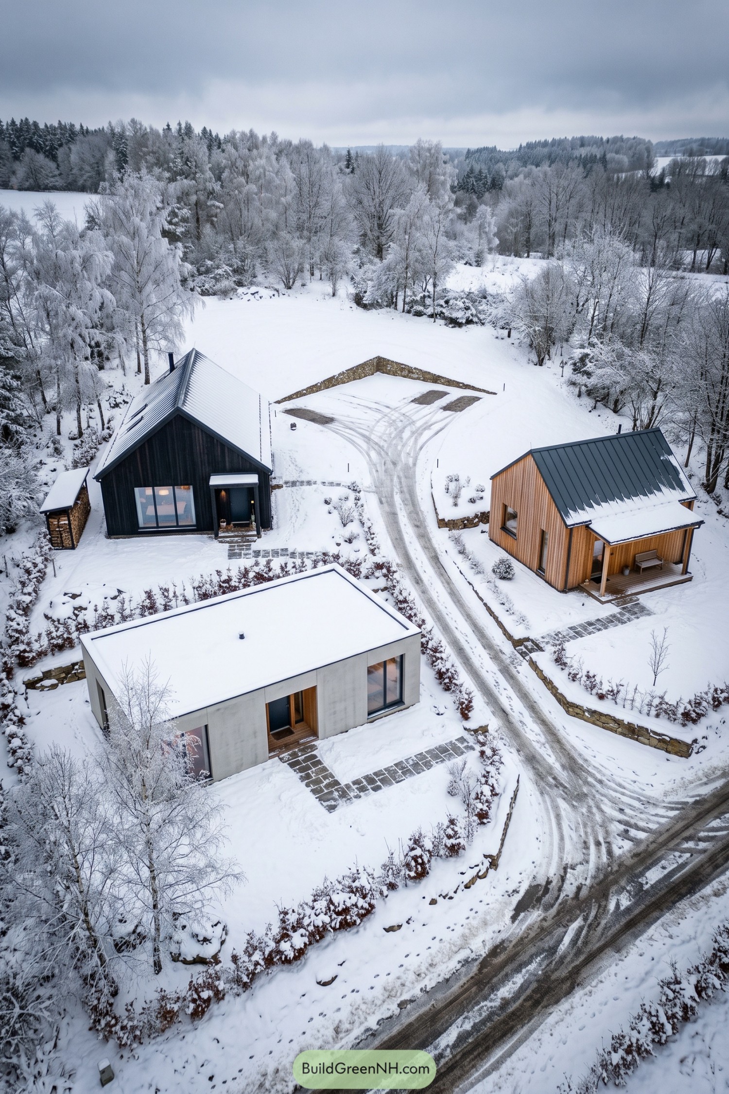 Three distinct homes nestled in a snowy woodland clearing