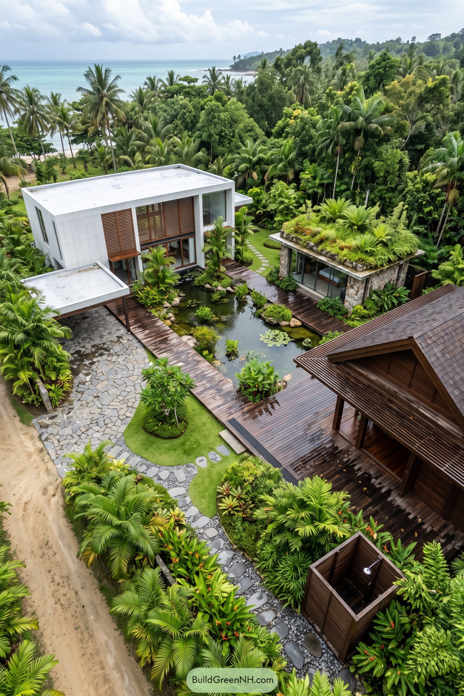 Three tropical homes arranged around a planted pond near the coast