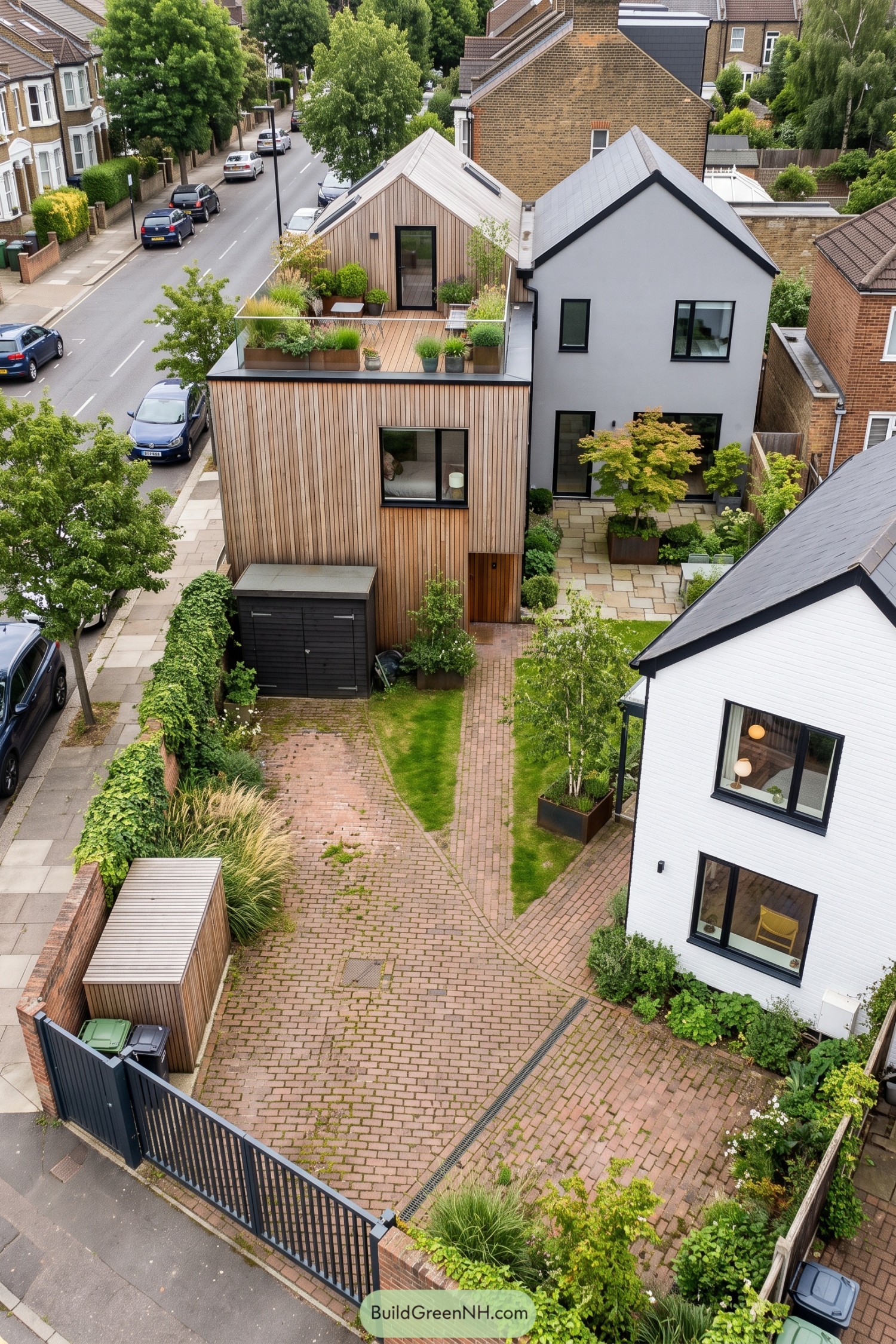 Three contemporary homes with gabled roofs and planted terraces