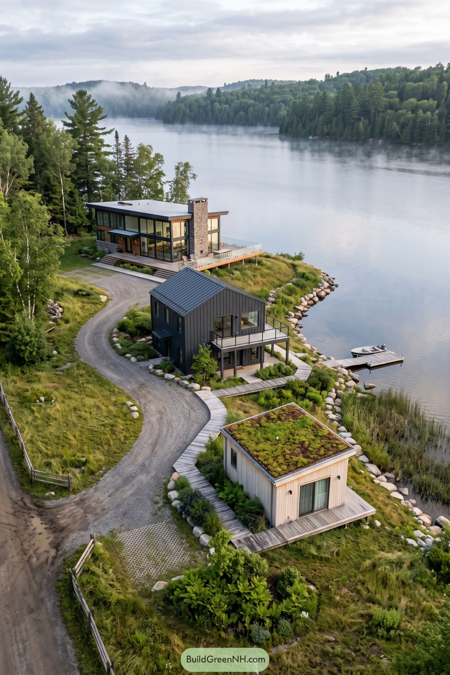 Three contemporary lakeside homes linked by boardwalks and native planting