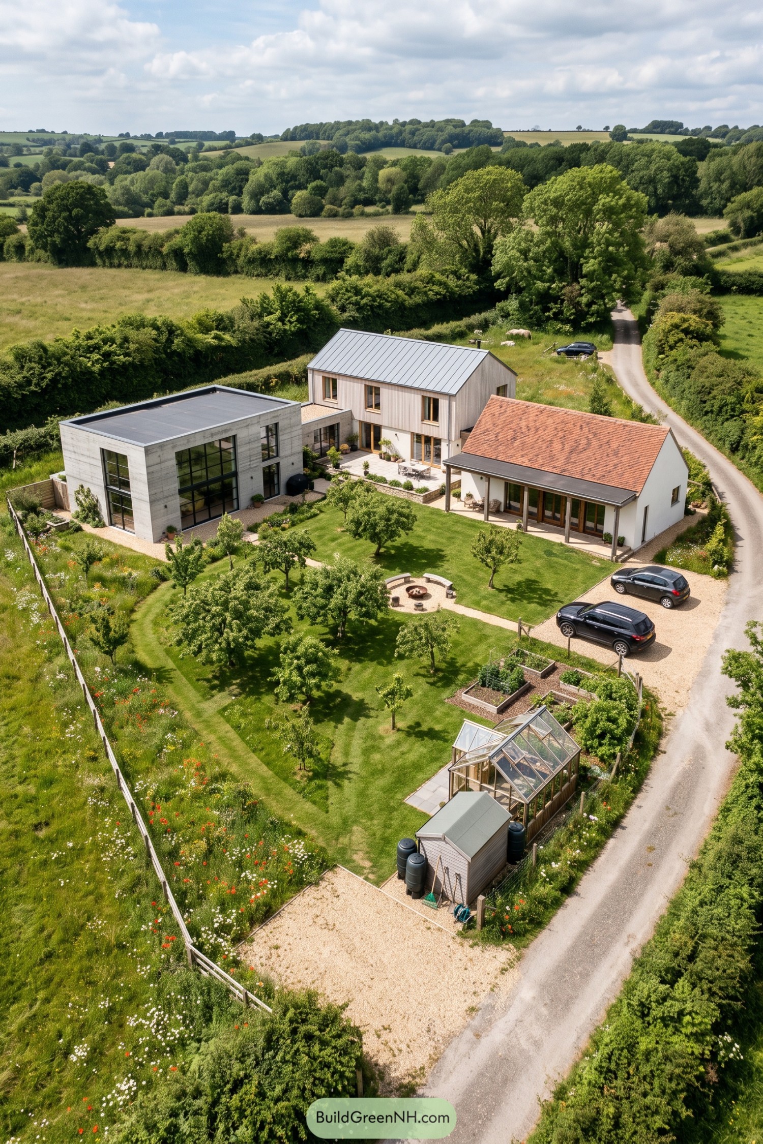 Three distinct homes around a shared orchard garden in rolling countryside