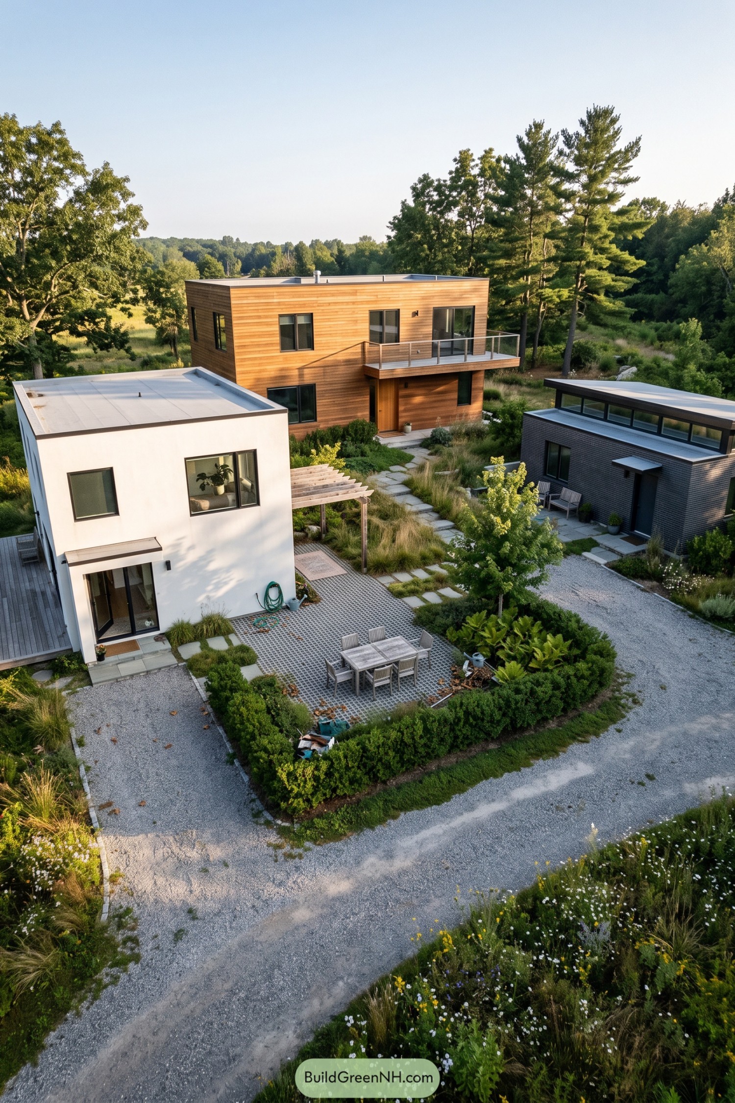 Three modern homes surround a planted shared courtyard