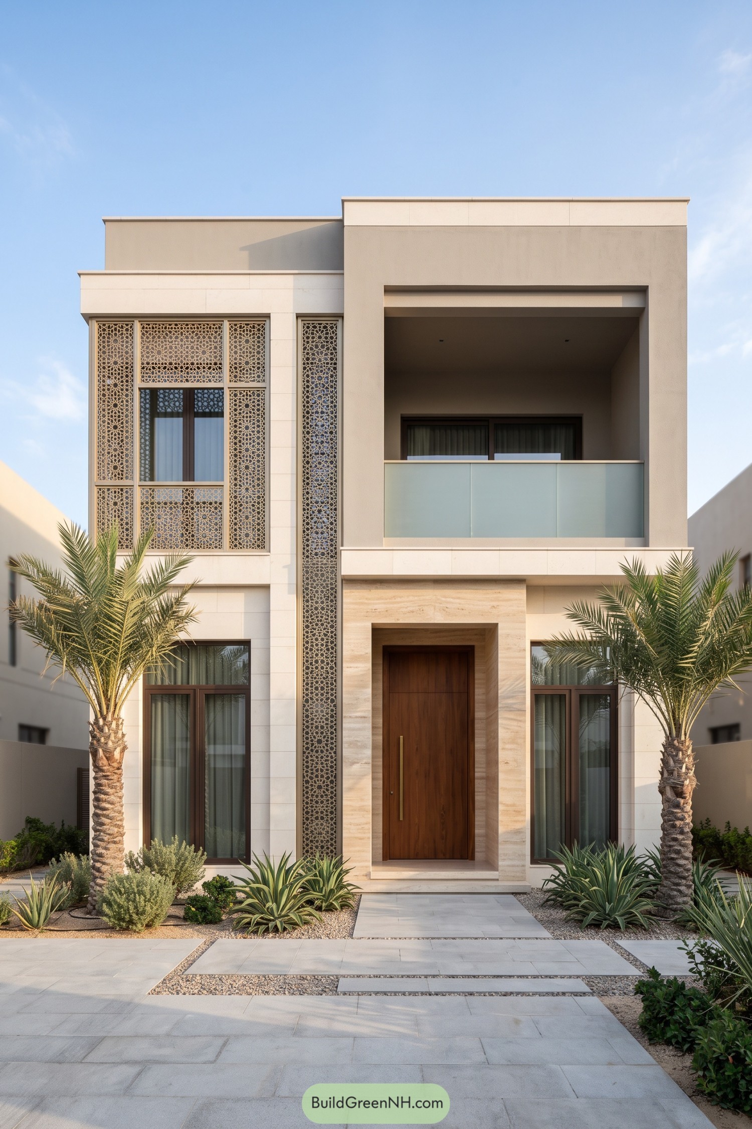 Modern Arabic villa with patterned screens, a recessed balcony, a tall wooden entrance, and palms