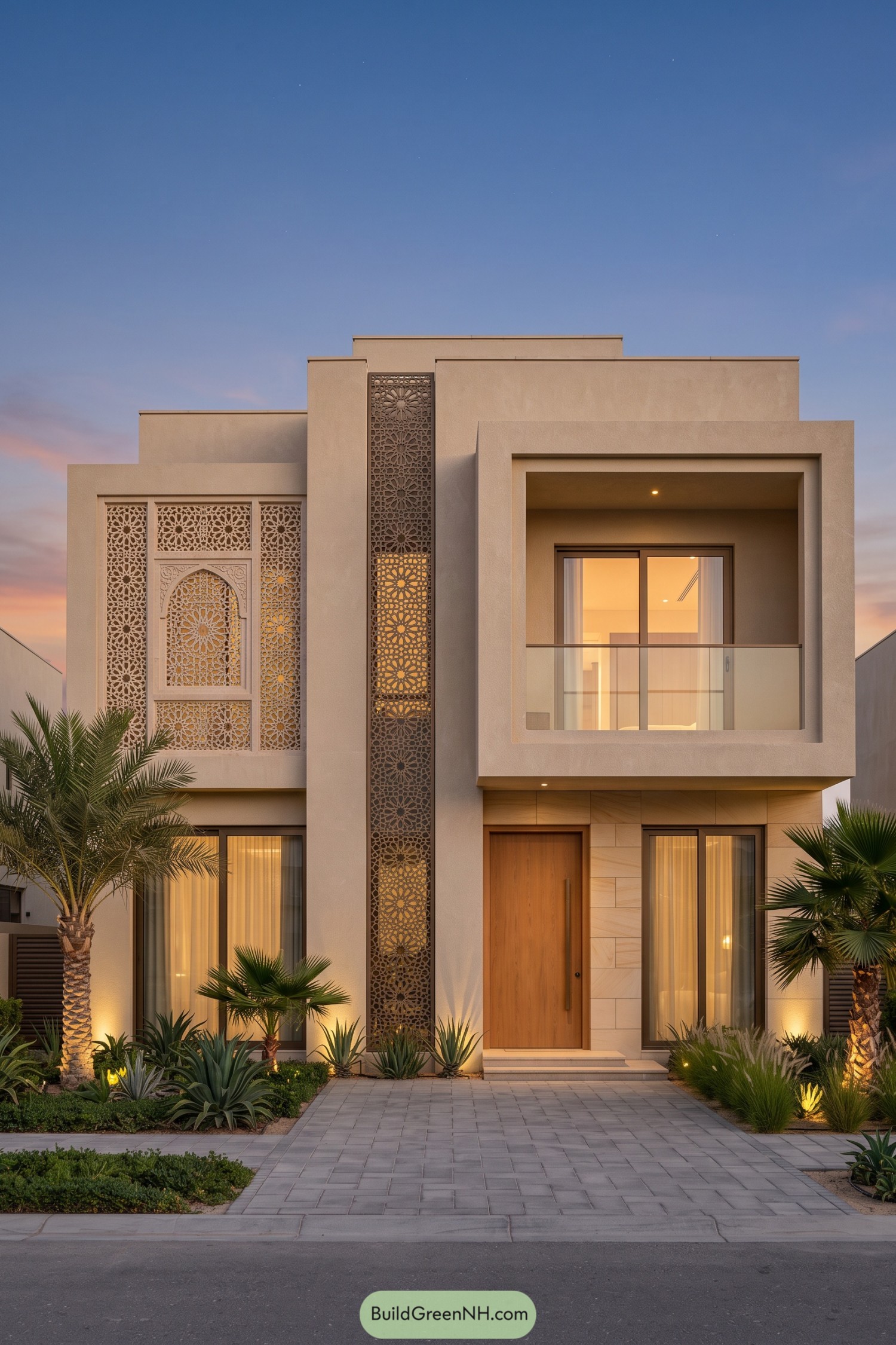 Modern beige villa with ornate geometric screens, a recessed glass balcony, a wooden entrance door, and palm landscaping