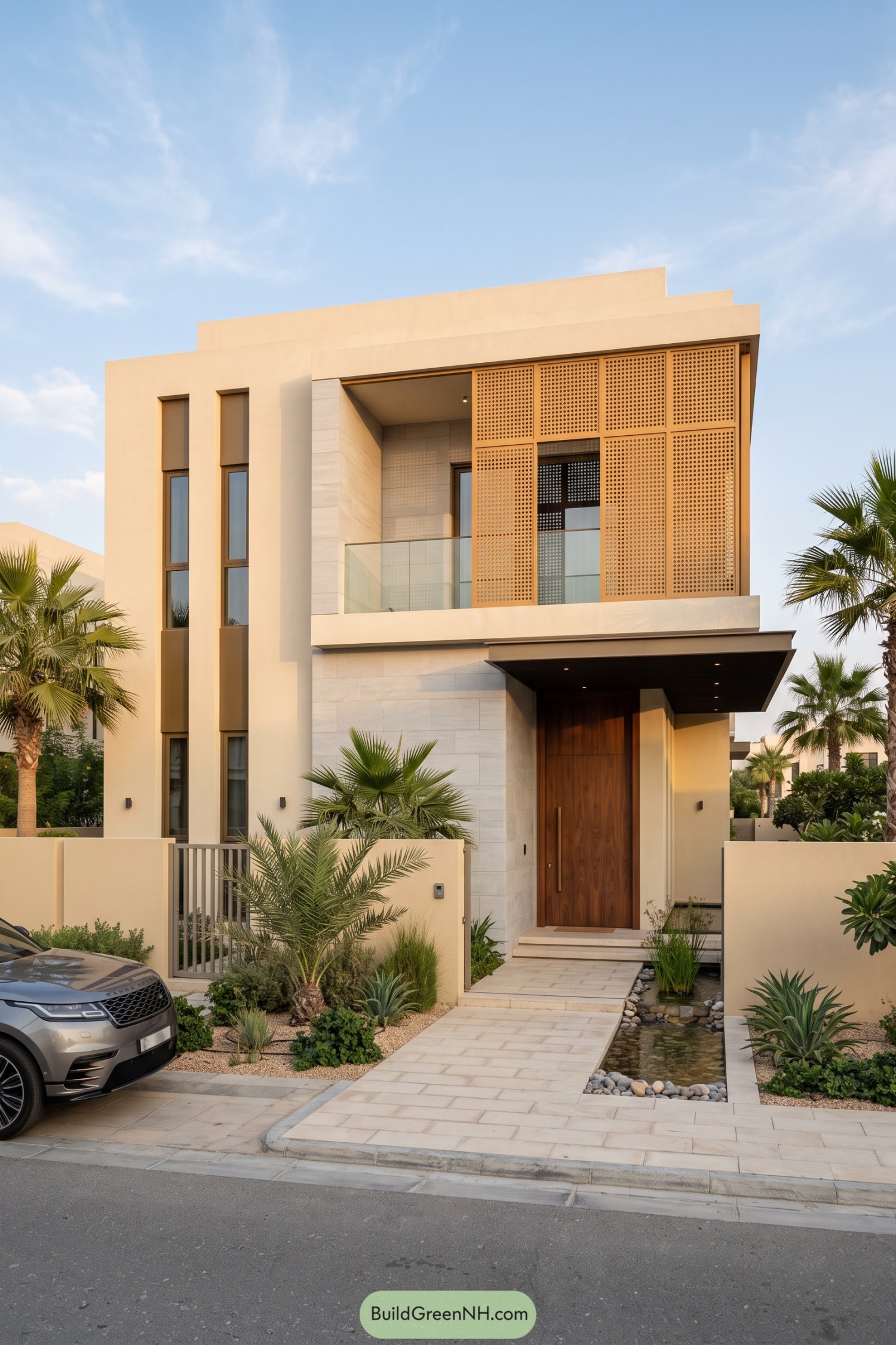 Modern cream villa with golden perforated balcony screens, a tall wooden entrance door, palms, and a narrow water garden