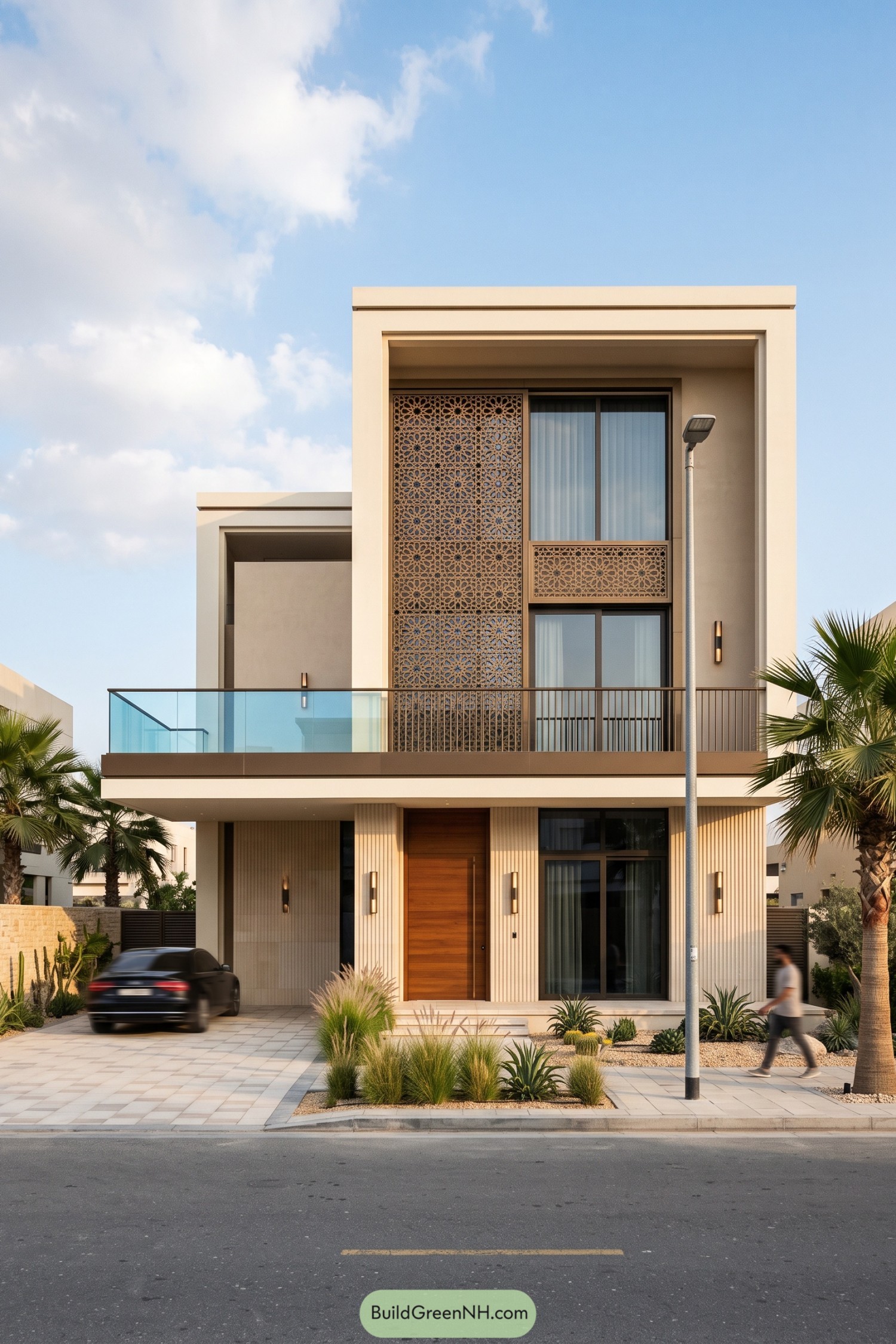 Modern cream villa with tall patterned screens, a glass balcony, timber entrance door and desert planting