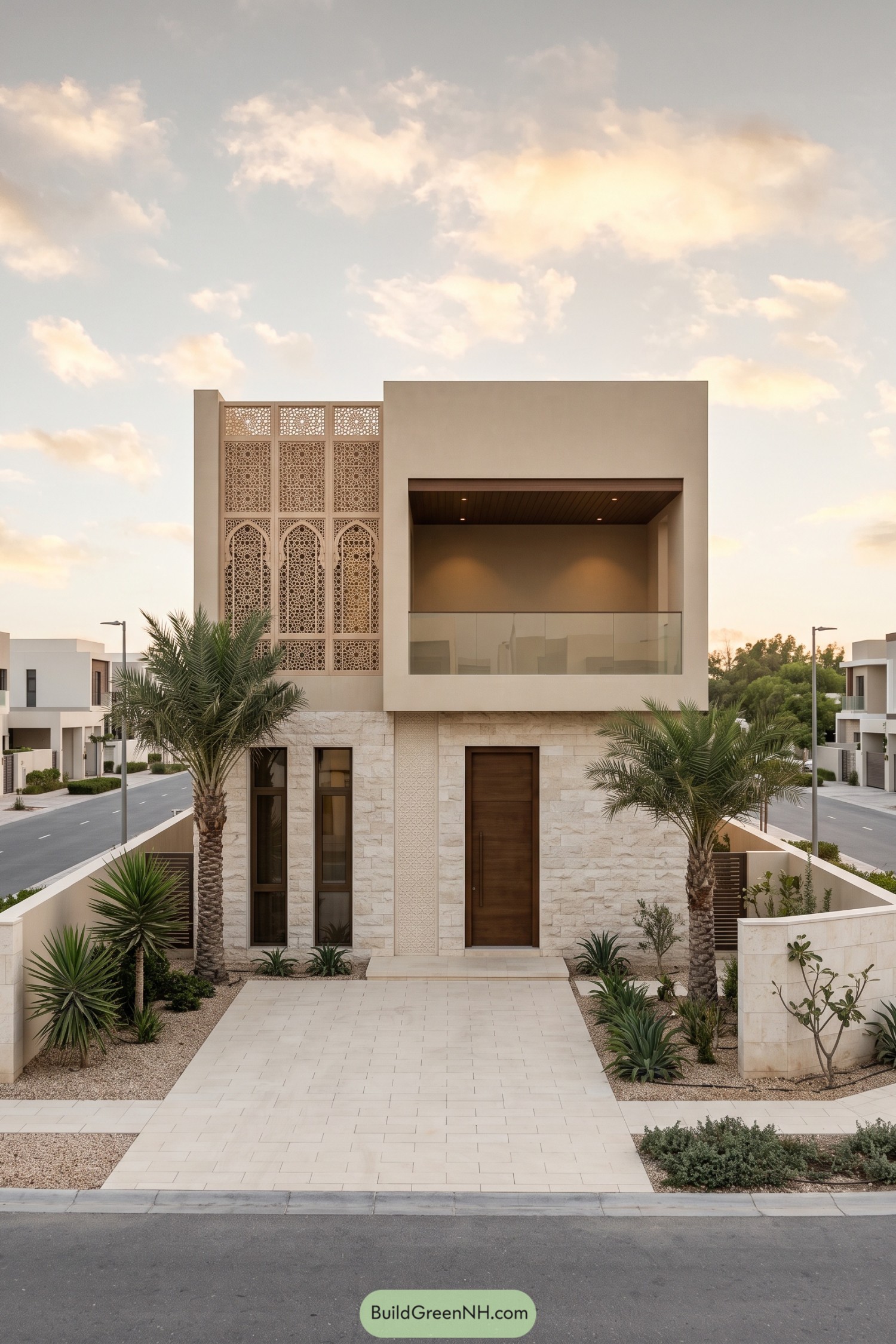 Modern cream villa with arched decorative screens, a recessed glass balcony, stone cladding, and palm landscaping