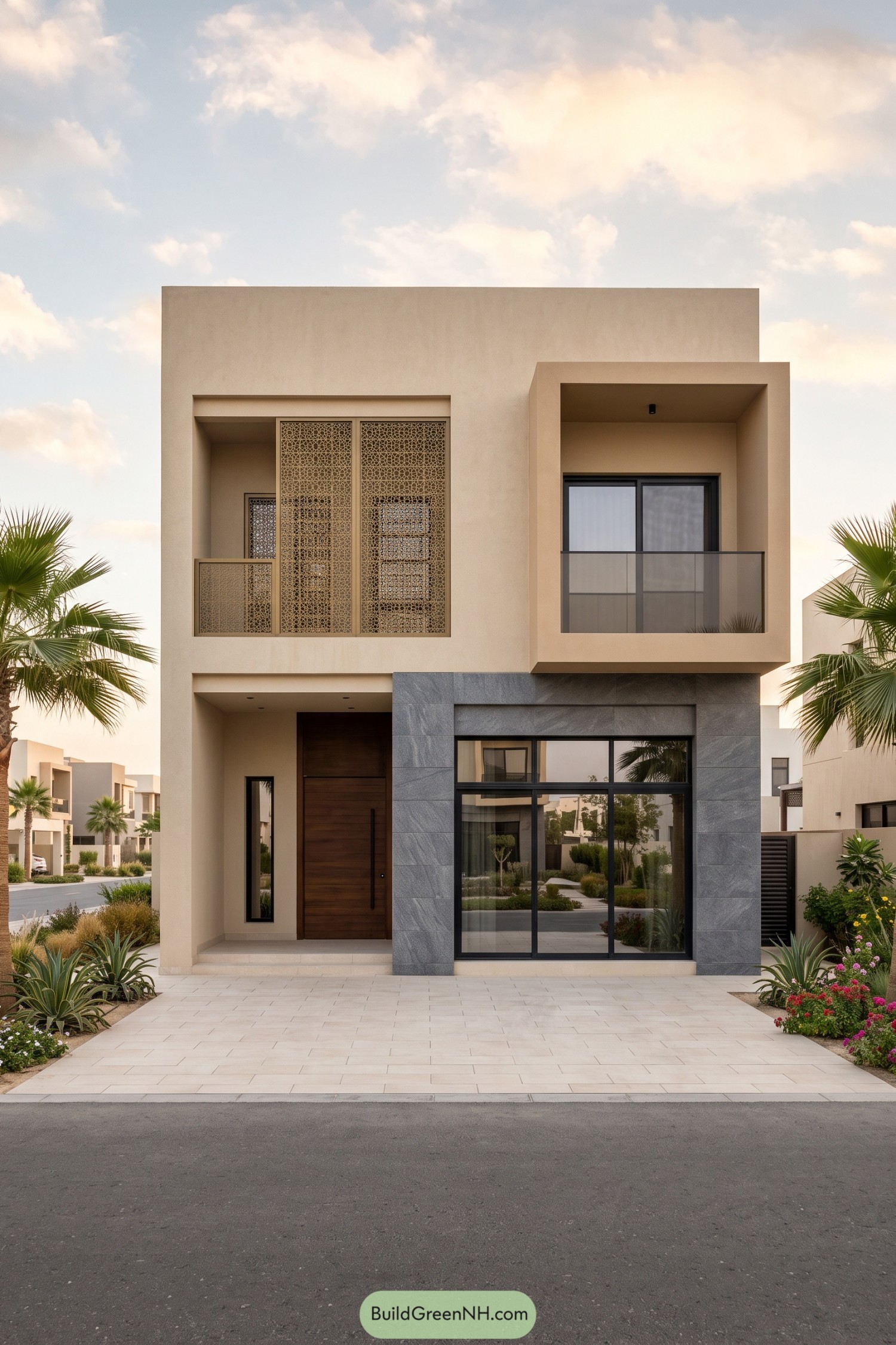 Modern beige villa with golden lattice screens, a recessed balcony, gray stone window surround, and a tall wooden entrance door