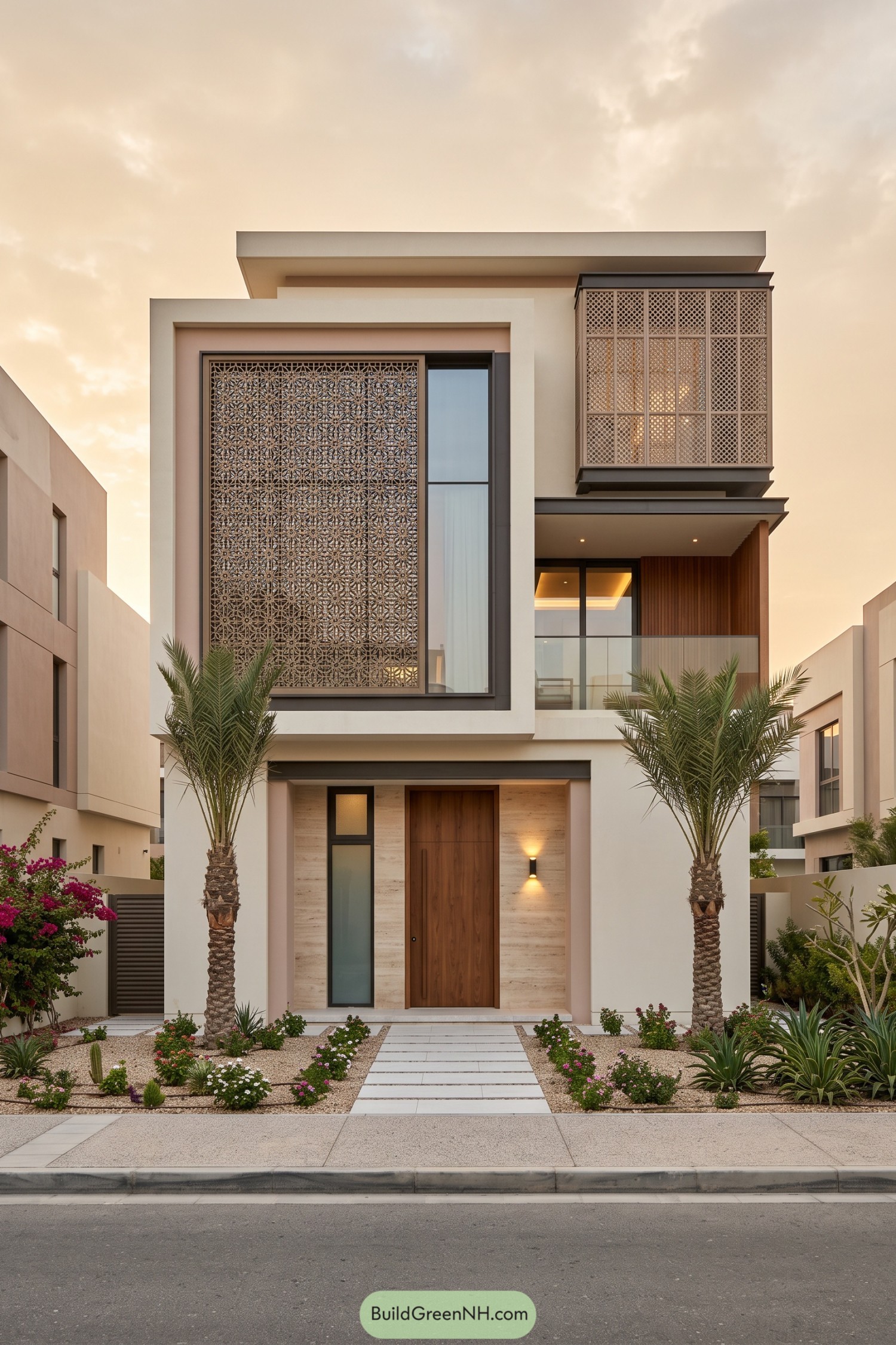 Modern Arabic villa with decorative screens cream walls a glass balcony and palms framing a wooden entrance