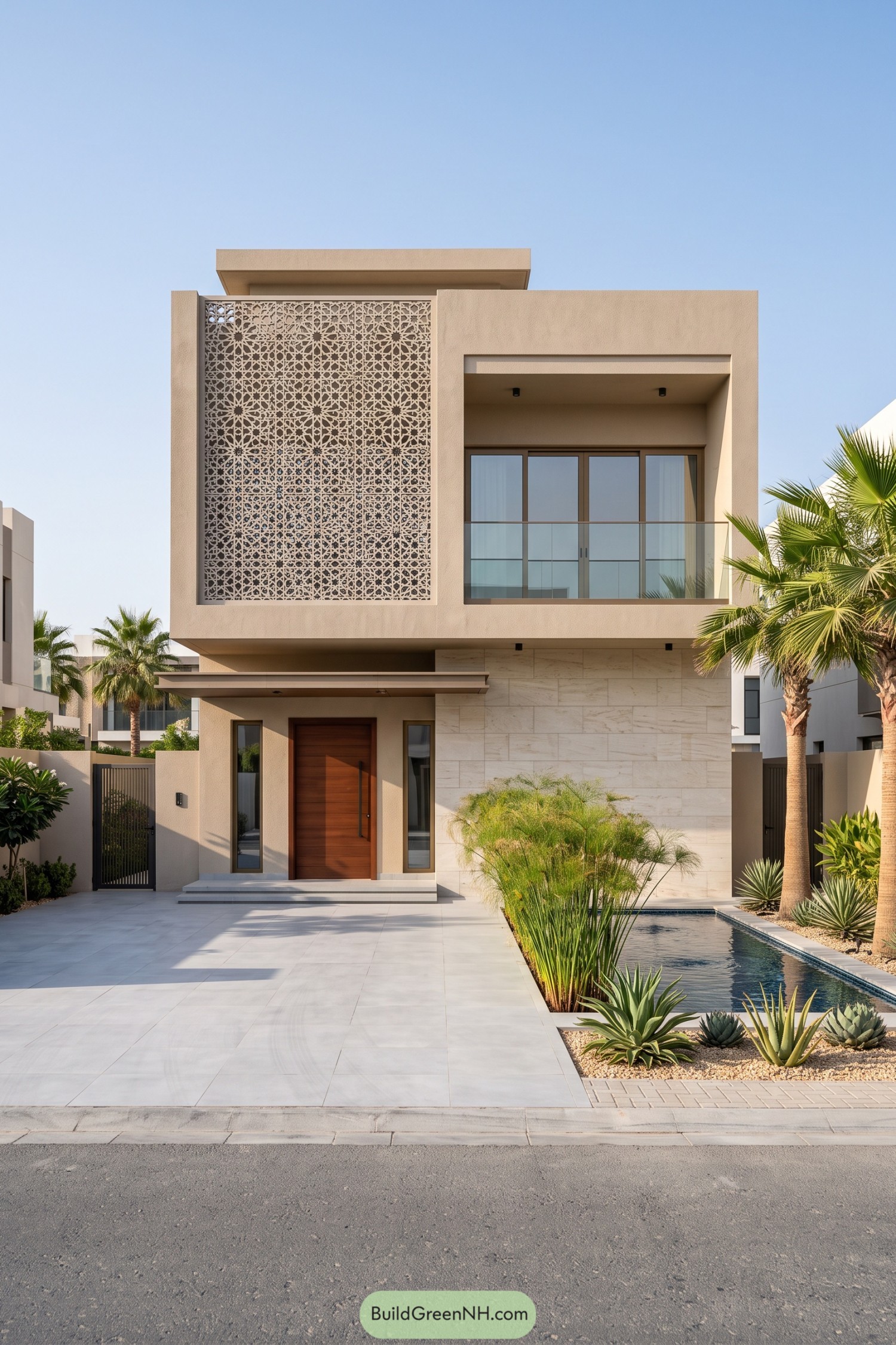 Modern beige villa with a geometric screen, recessed glass balcony, wooden entrance door, and rectangular garden pool