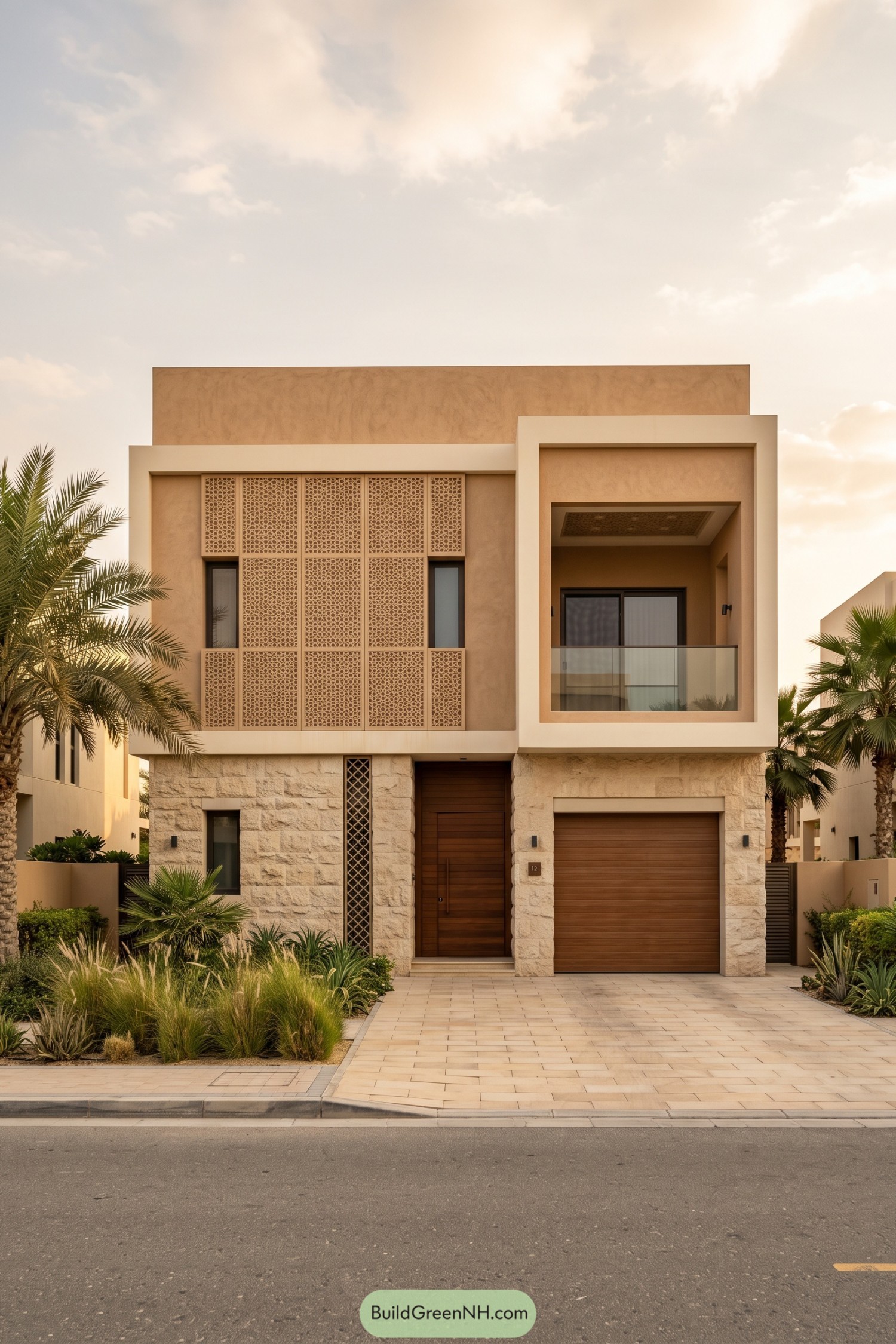 Modern Arabic villa with patterned screens, ochre walls, a recessed glass balcony, and a rough stone ground floor