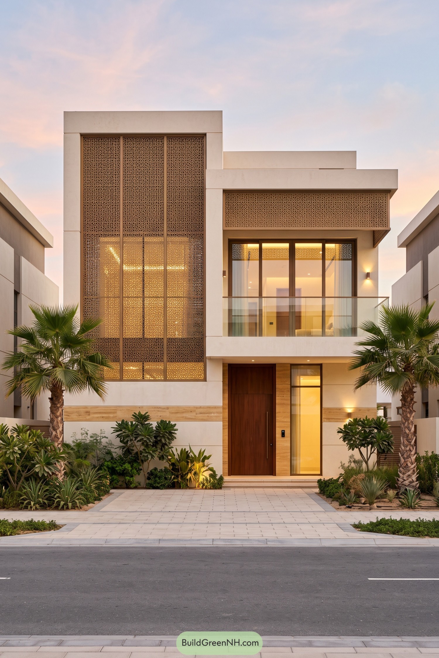 Modern cream villa with tall patterned bronze screens, a glass balcony, timber entrance door, and palm landscaping