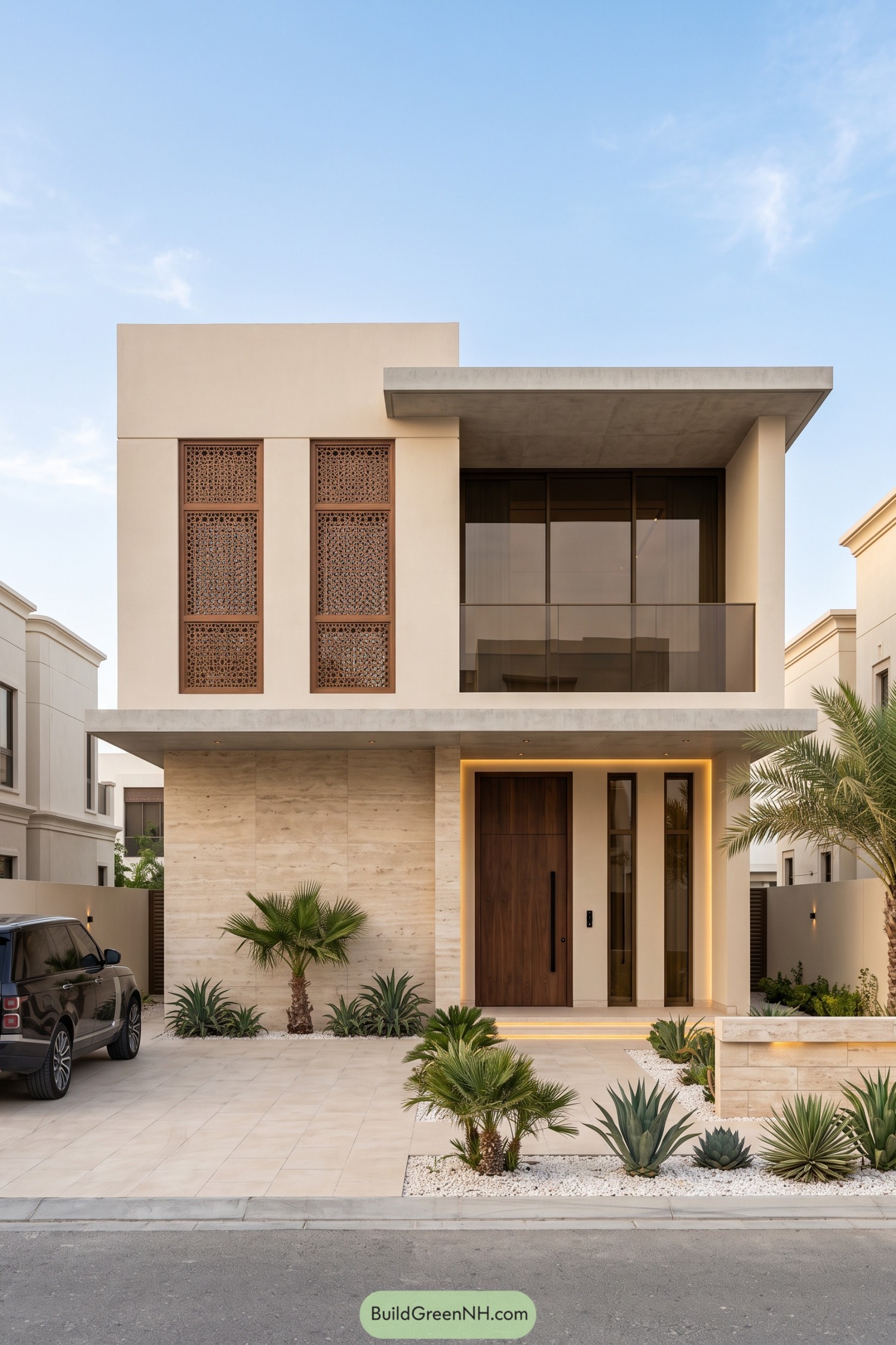 Modern cream villa with intricate window screens, a glass balcony, a tall wooden entrance, and desert planting