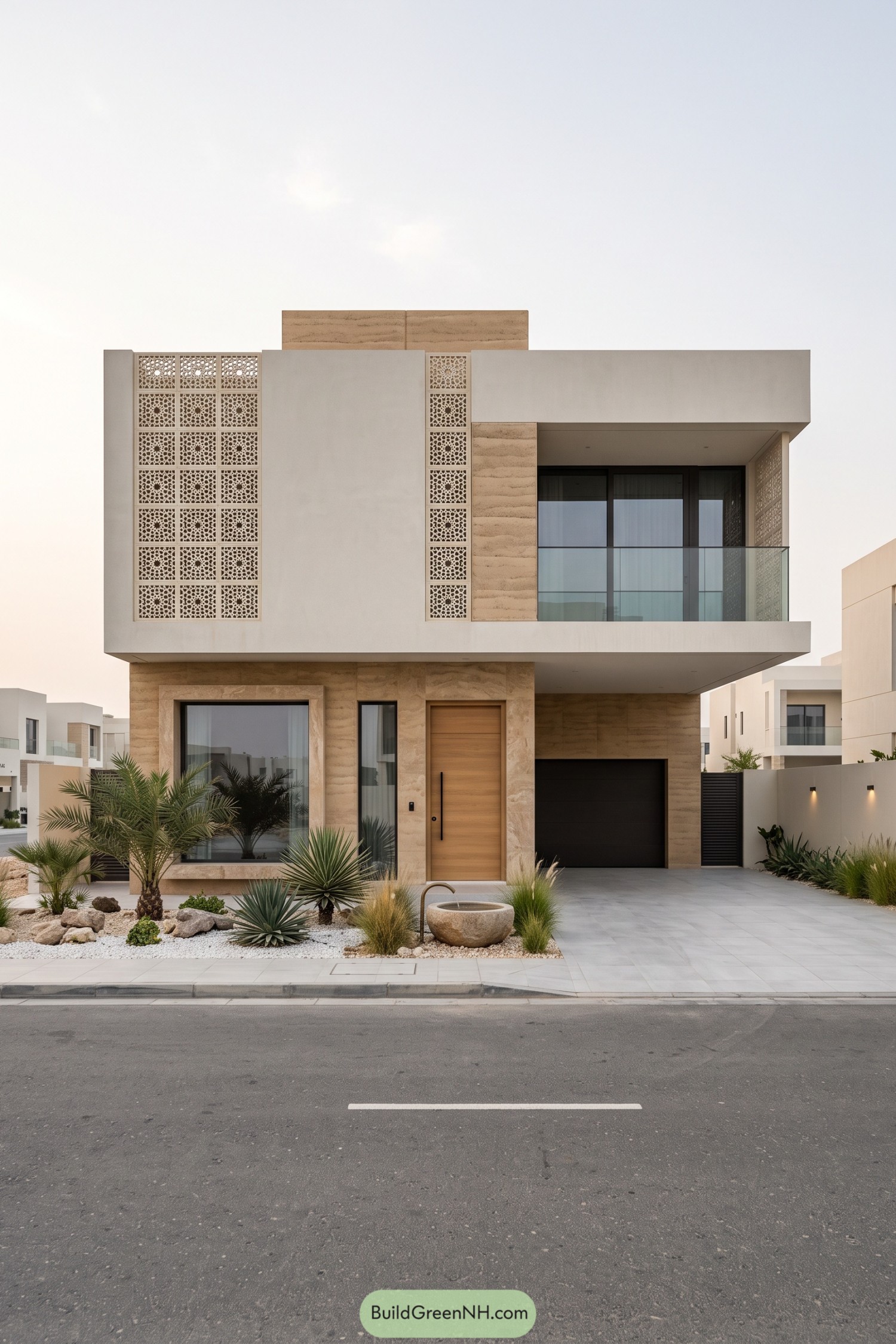 Modern Arabic villa with patterned privacy screens, beige stone cladding, a recessed glass balcony and desert planting