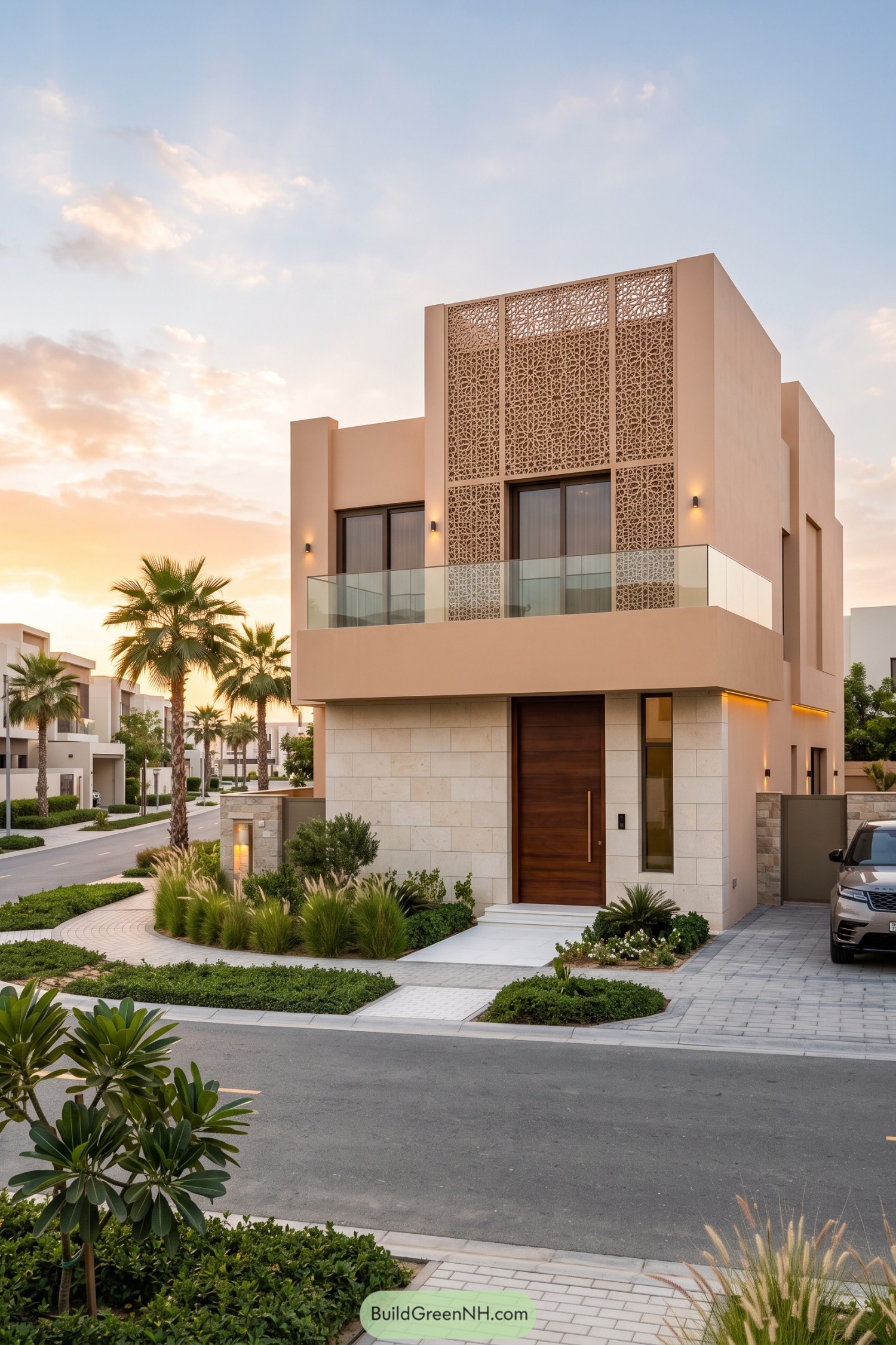 Modern peach villa with intricate facade screens, a glass balcony, cream stone cladding, and a wooden entrance door
