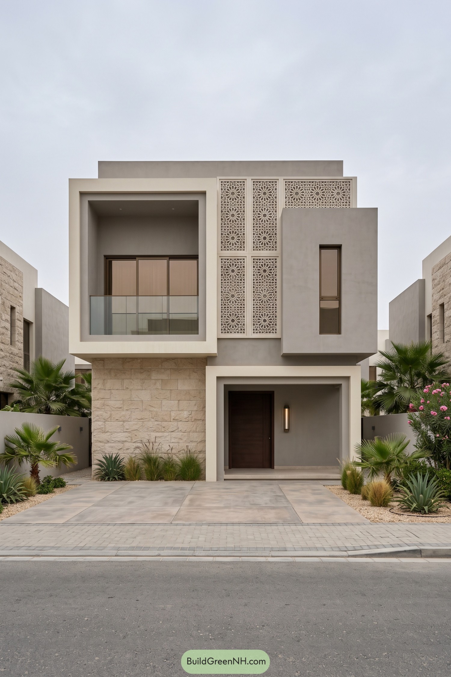 Modern Arabic villa with rosette screens, a recessed glass balcony, stone cladding, and palm landscaping
