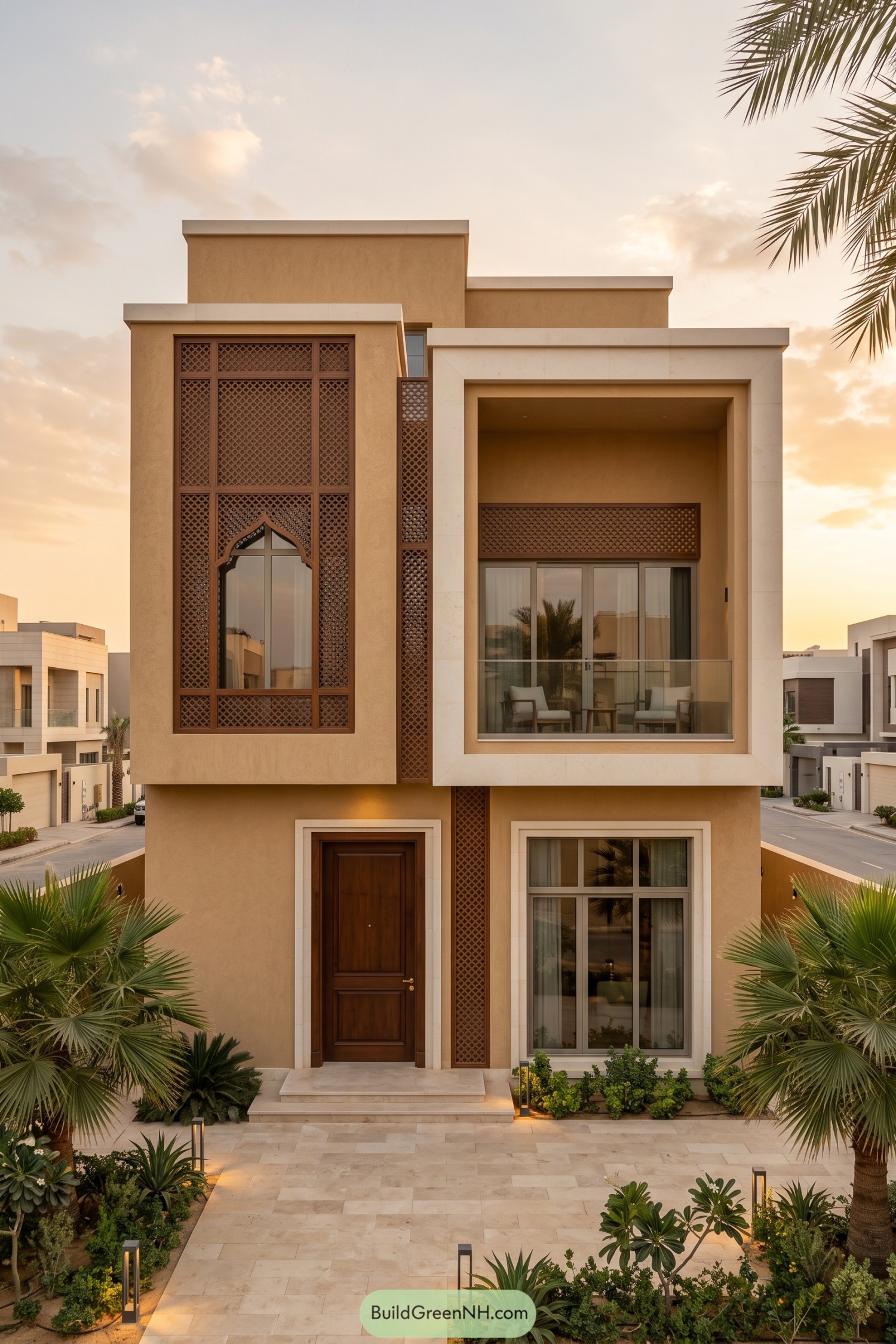 Modern tan villa with decorative lattice screens an ogee arched window and a recessed glass balcony
