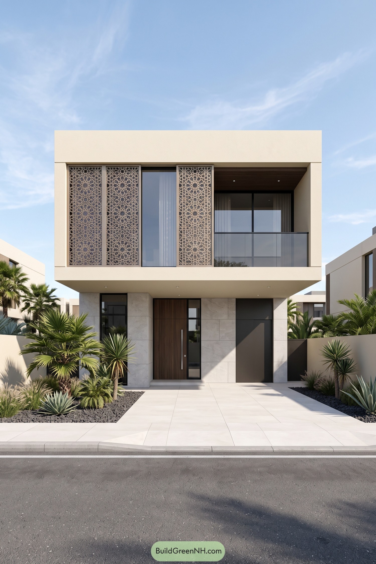 Modern Arabic villa with patterned privacy screens, a recessed glass balcony, stone entry walls, and desert planting