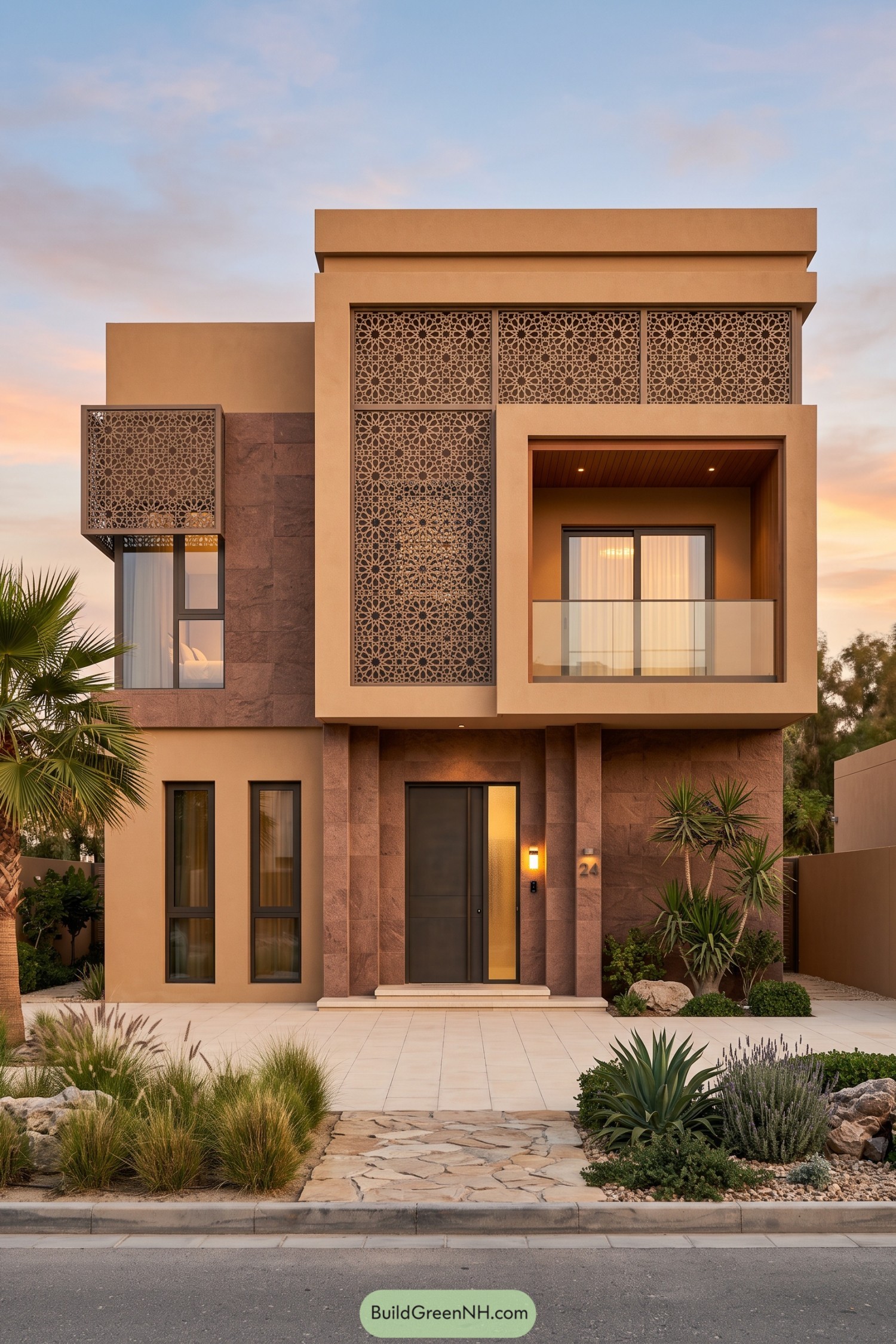 Modern Arabic villa with patterned screens, rose brown stone cladding, a recessed glass balcony, and desert planting