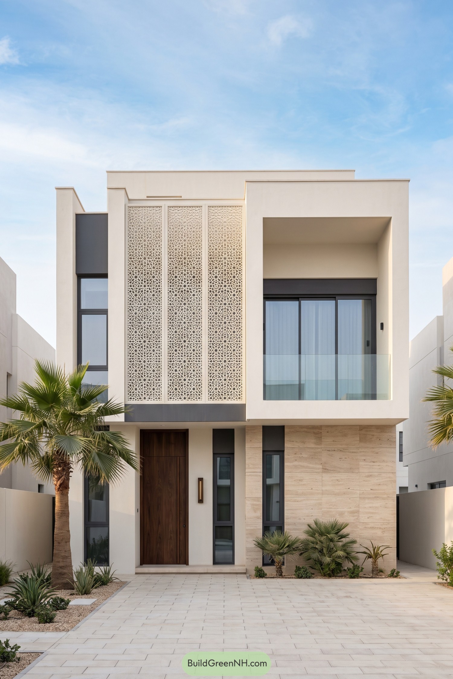 Modern ivory villa with intricate vertical screens, a recessed glass balcony, stone cladding, and palms