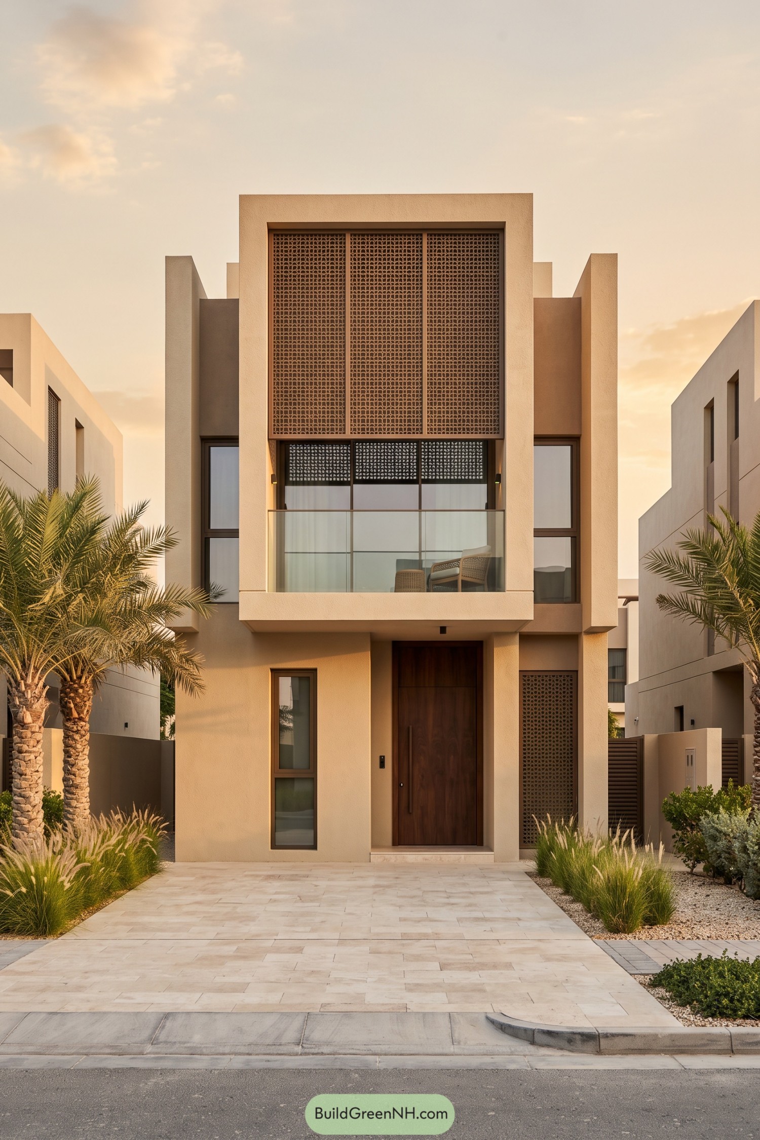 Modern Arabic villa with sand-colored walls, patterned screens, a glass balcony, and a tall wooden entrance door