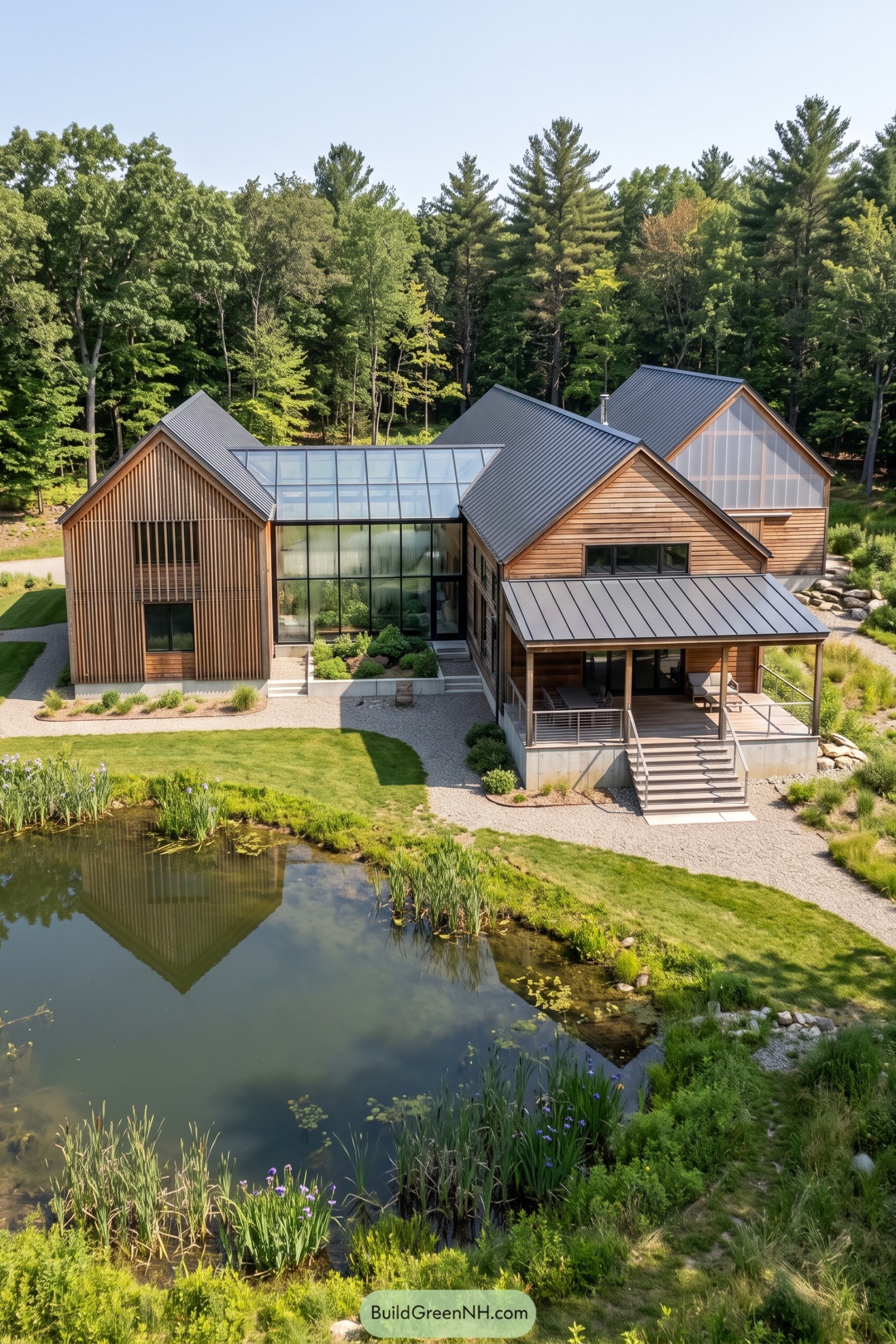 Timber barn home with glazed sunroom beside a pond