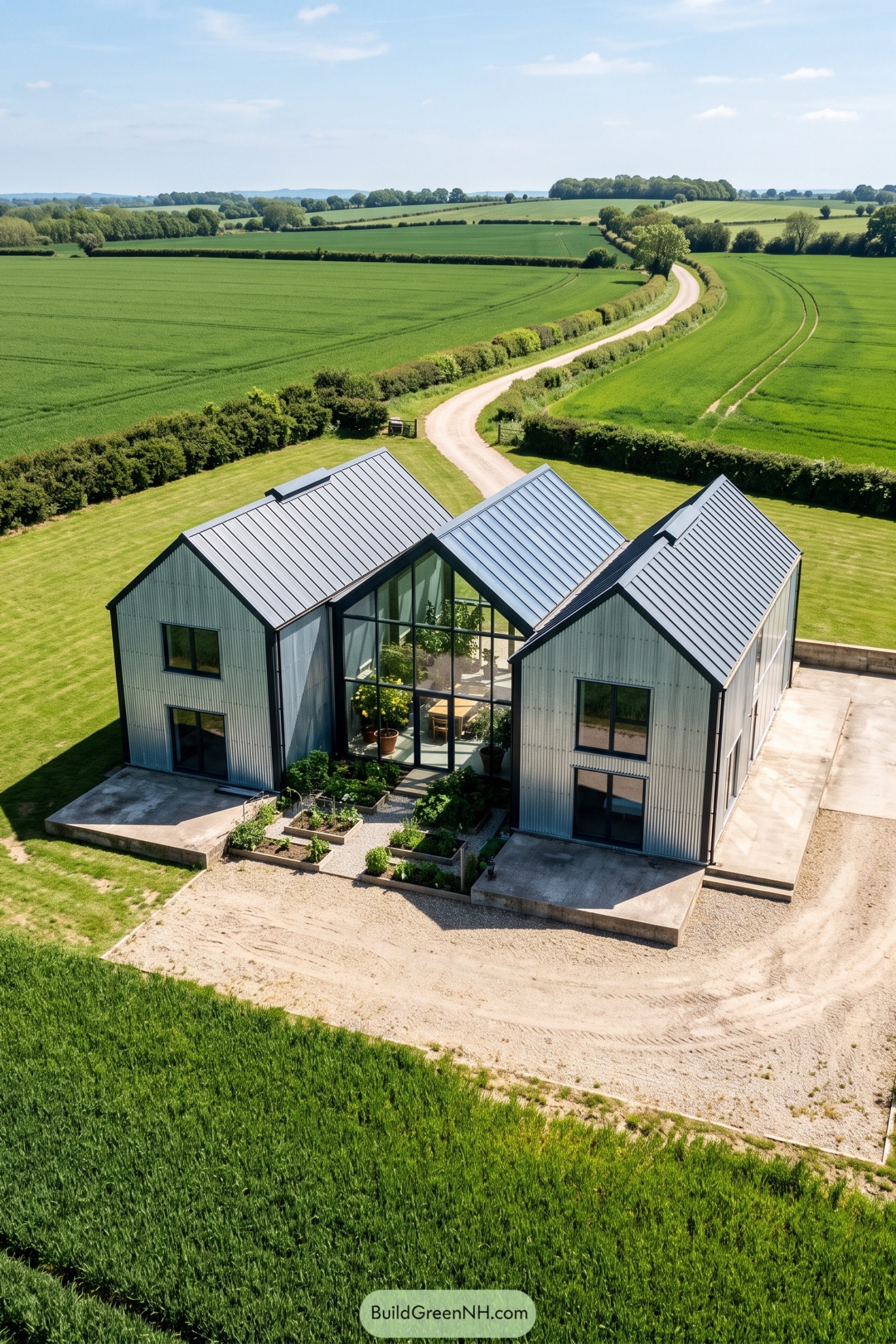 Three silver barn volumes frame a glazed winter garden beside open fields