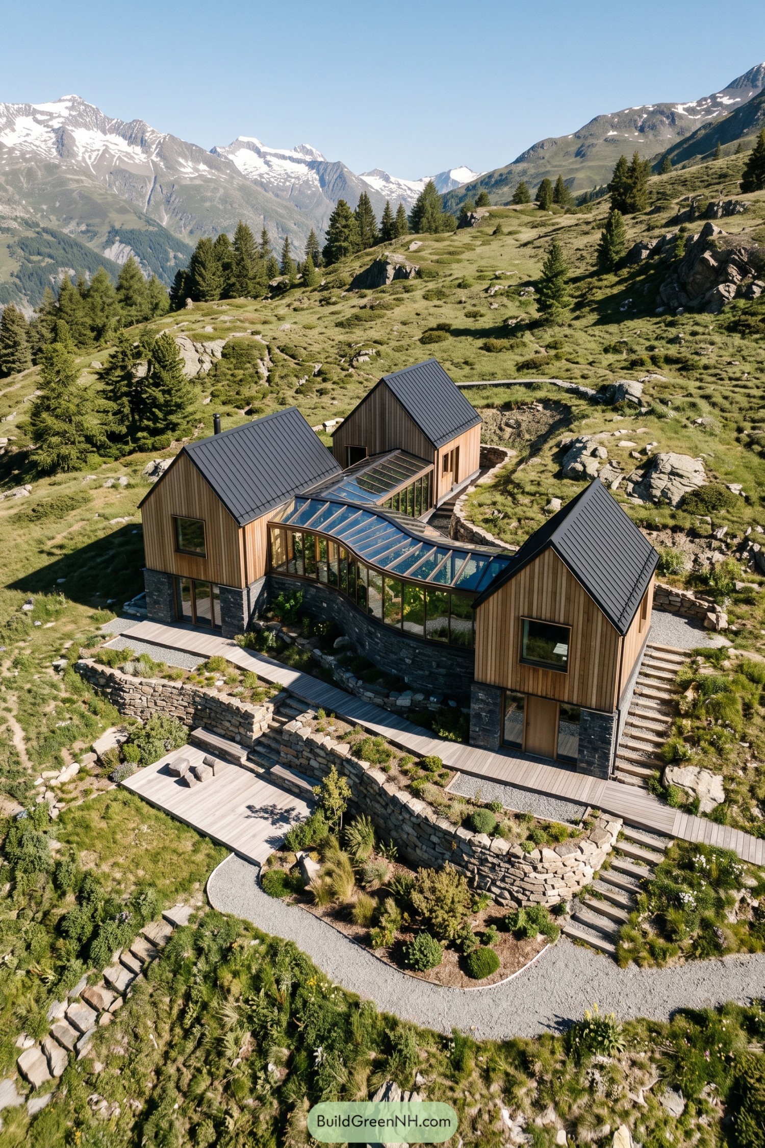 Three cedar gabled barns linked by a winding glass winter garden on a mountain slope