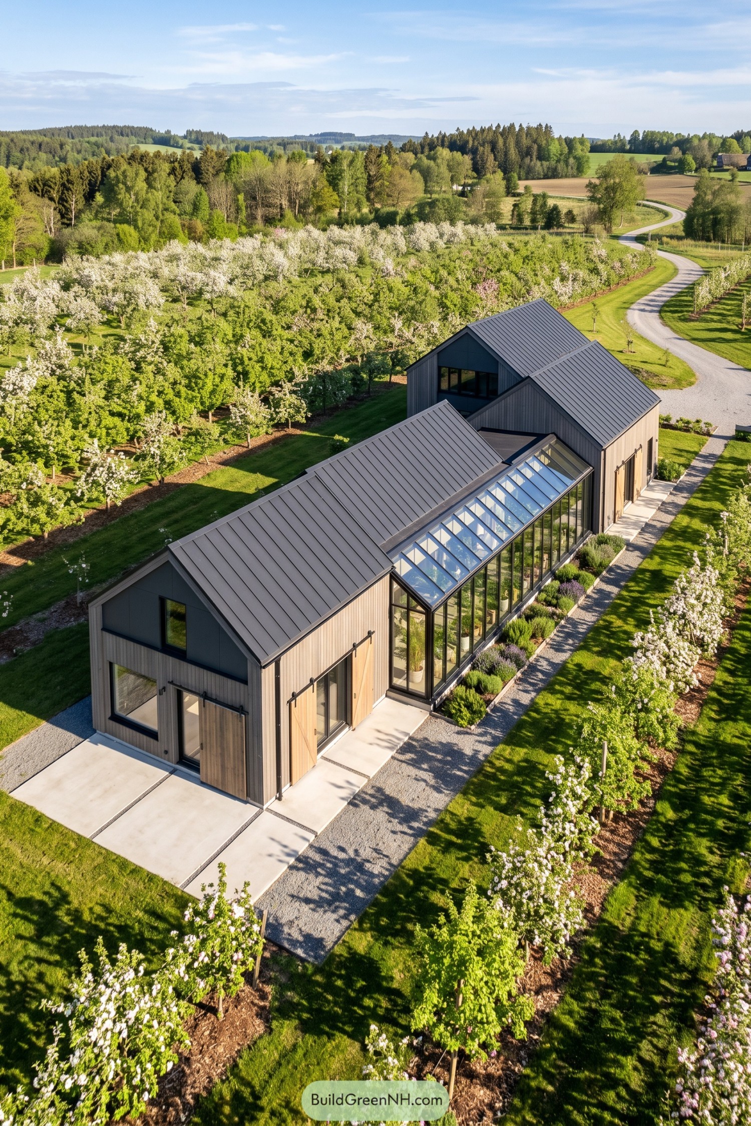 Gray gabled barn house with glass winter garden in a flowering orchard