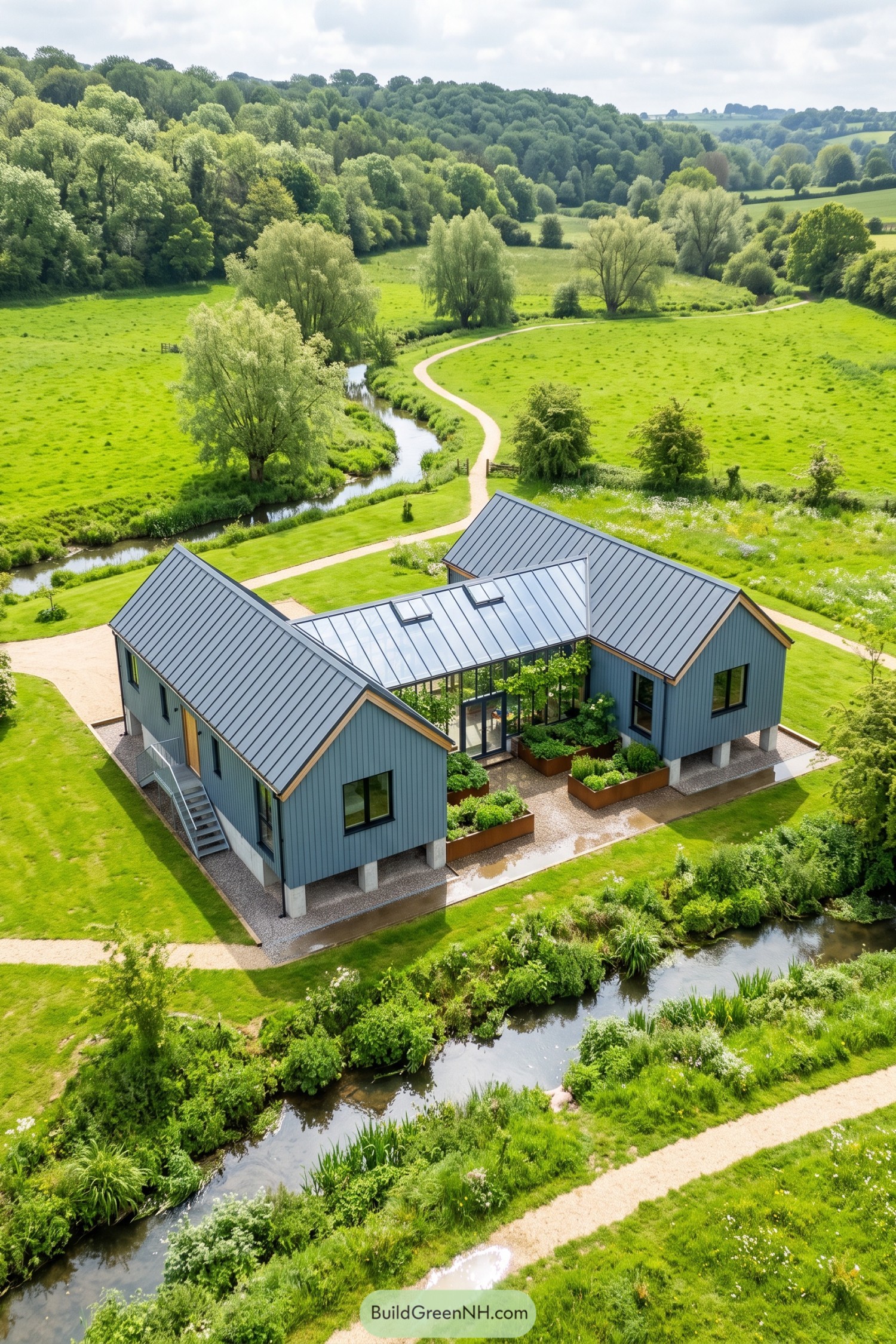 Blue gray barn house with glazed winter garden beside a creek