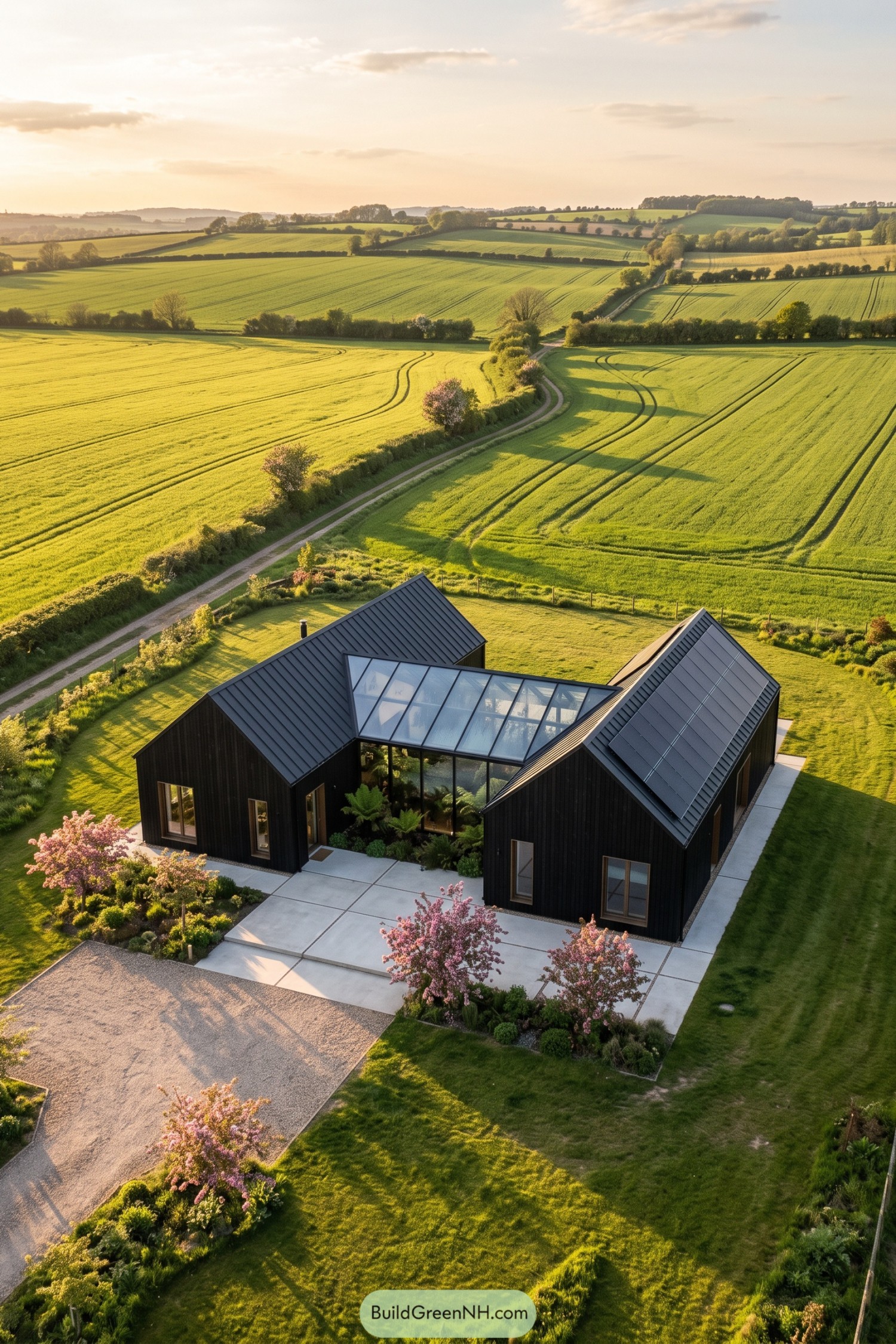 Black twin-gabled barn home with a glazed planted atrium overlooking fields