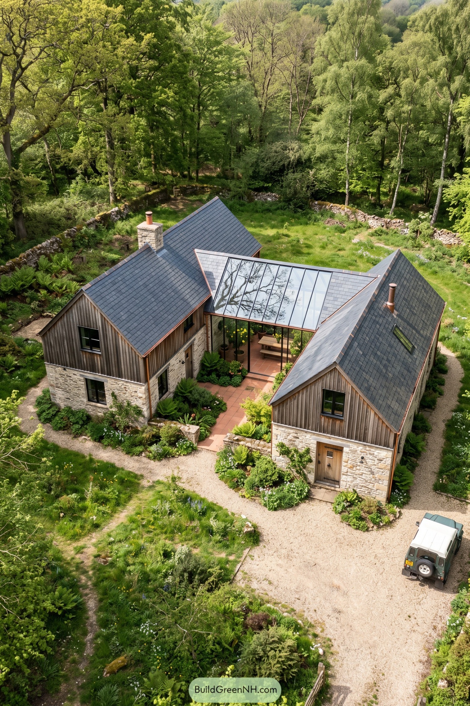 Twin stone and timber barns around a glazed winter garden