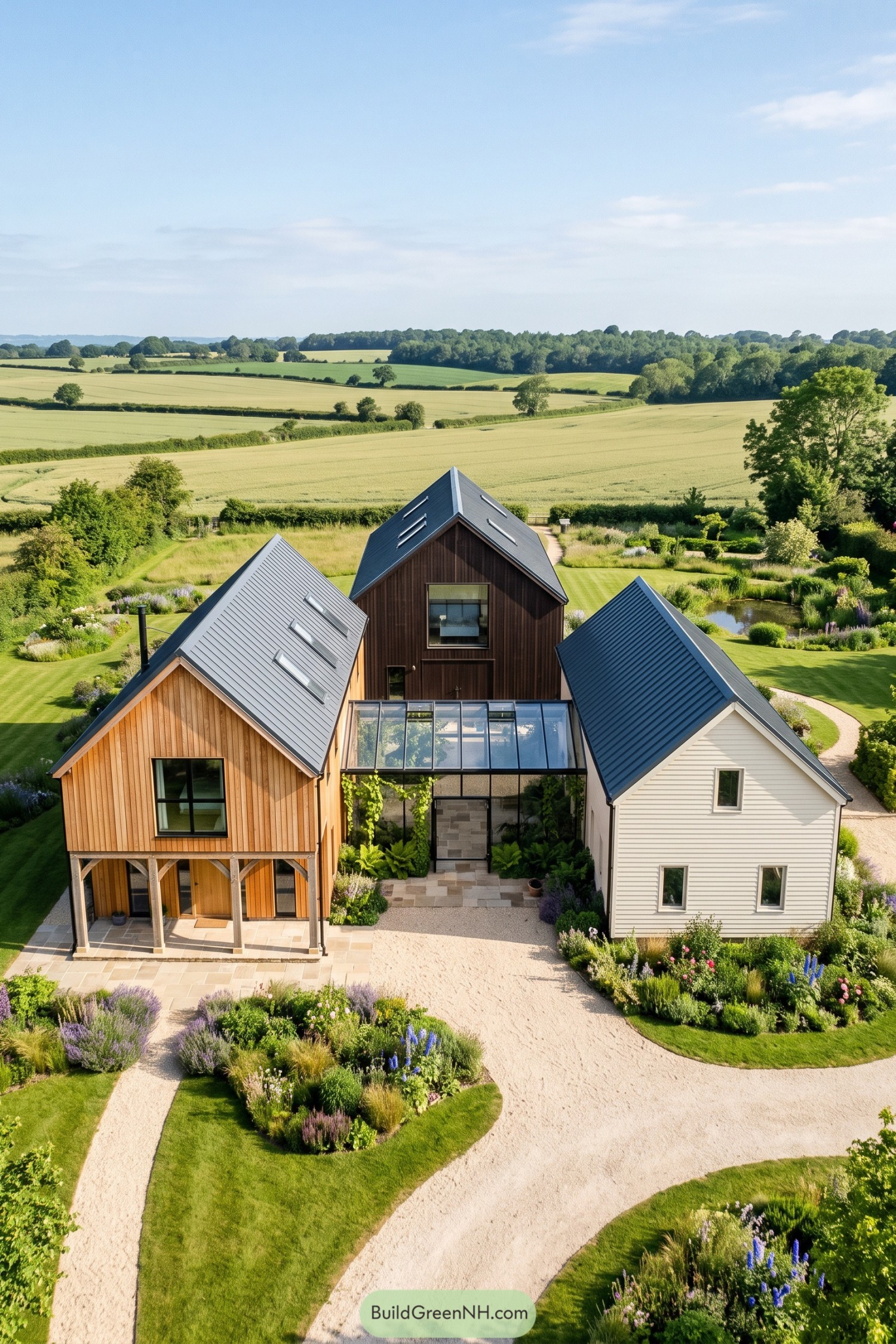 Three barn-like volumes in timber white siding and dark cladding gather around a glazed winter garden