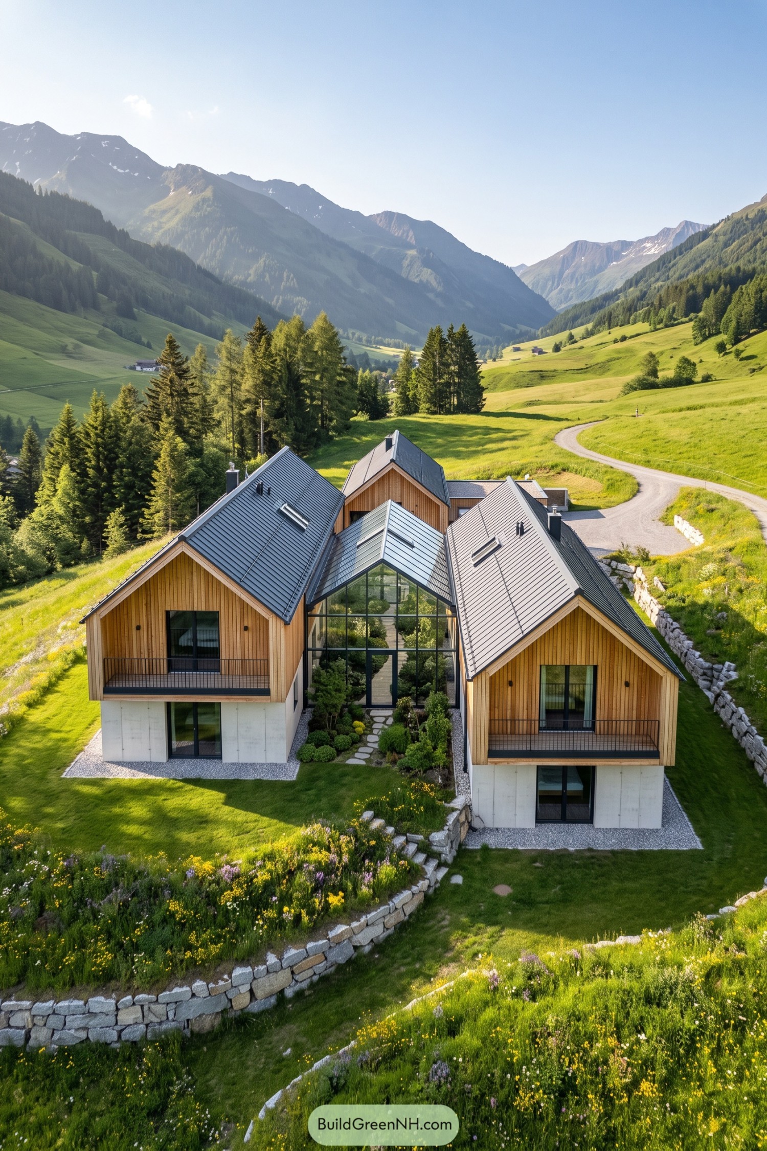 Timber gabled home with a glazed winter garden in an alpine meadow