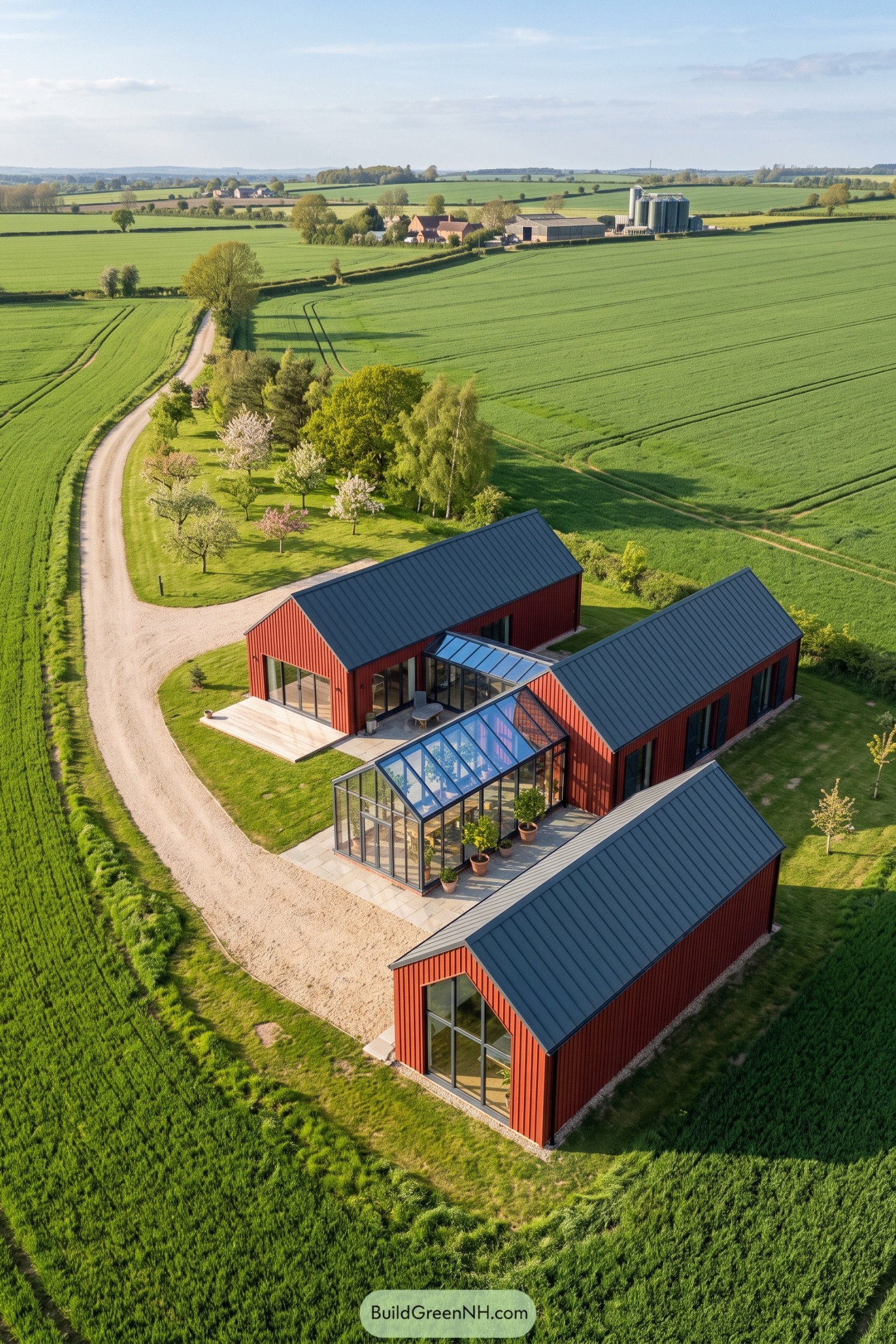 Aerial view of red barn home with glass winter garden